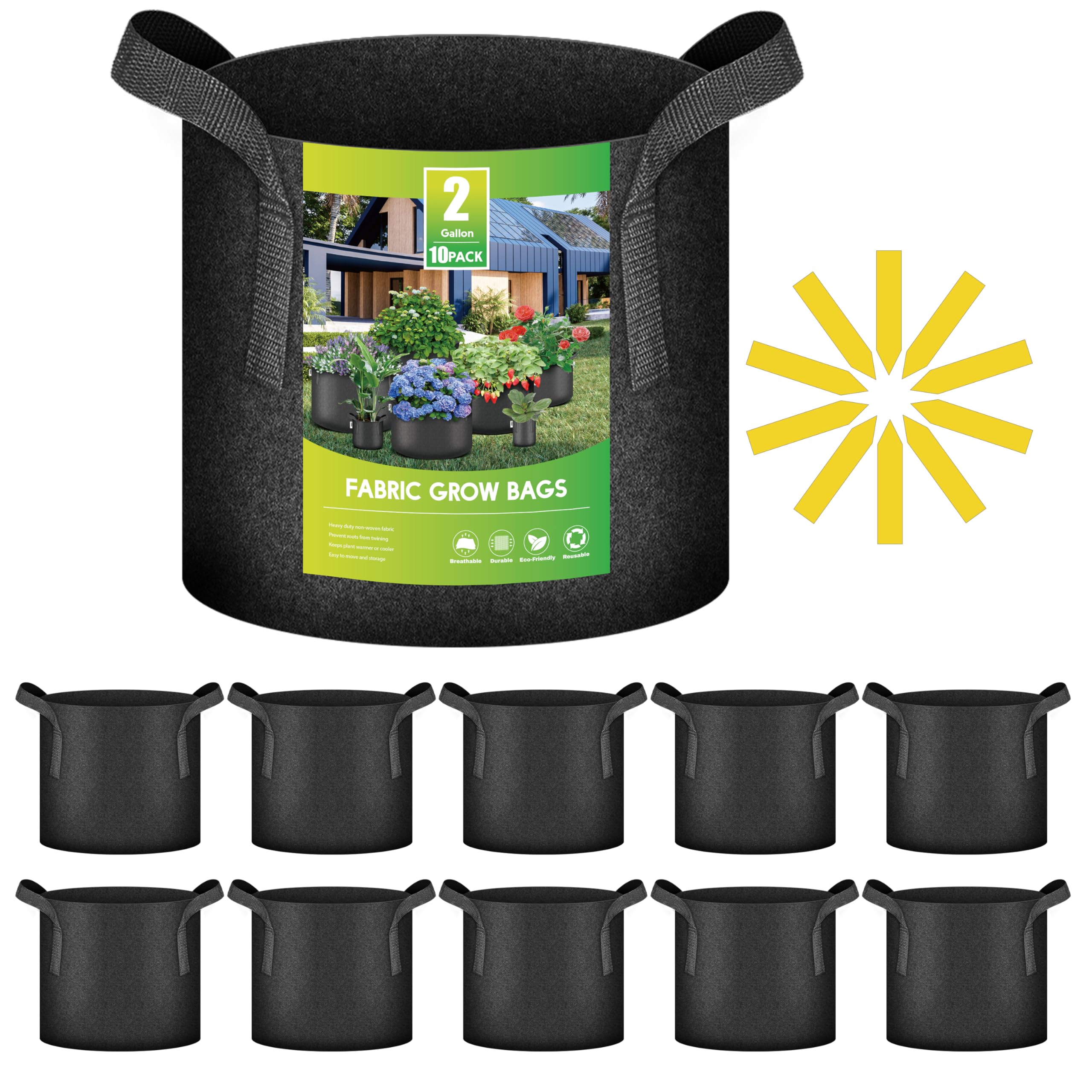 iPower 10 Pack 2 Gallon Grow Bags, Garden Planting Nonwoven Fabric Pots with Reinforced Handle, Heavy Duty and Aeration Planter Pot for Tomato, Fruits, Vegetables and Flowers