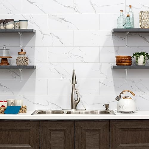 Miniatura 4 de Palisade Azulejos de vinilo entrelazados impermeables para salpicaduras de 22.8 x 7.31 pulgadas en mármol de Carrara, sin juntas, fácil de instalar