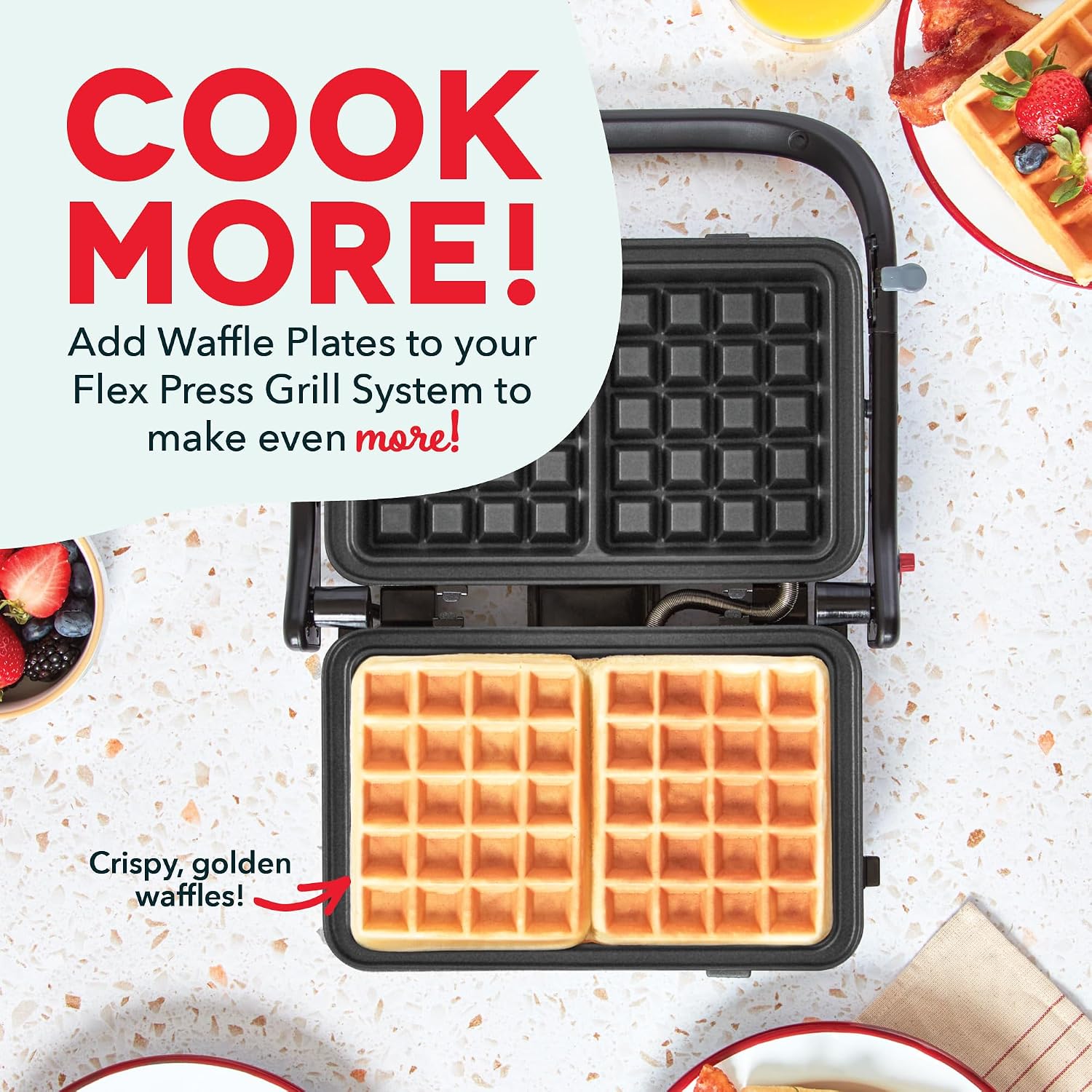 Dash Waffle 2-Plate Pack for MultiMaker Flex Press Grill System - Removable, Nonstick Plates for Thick, Fluffy Waffles