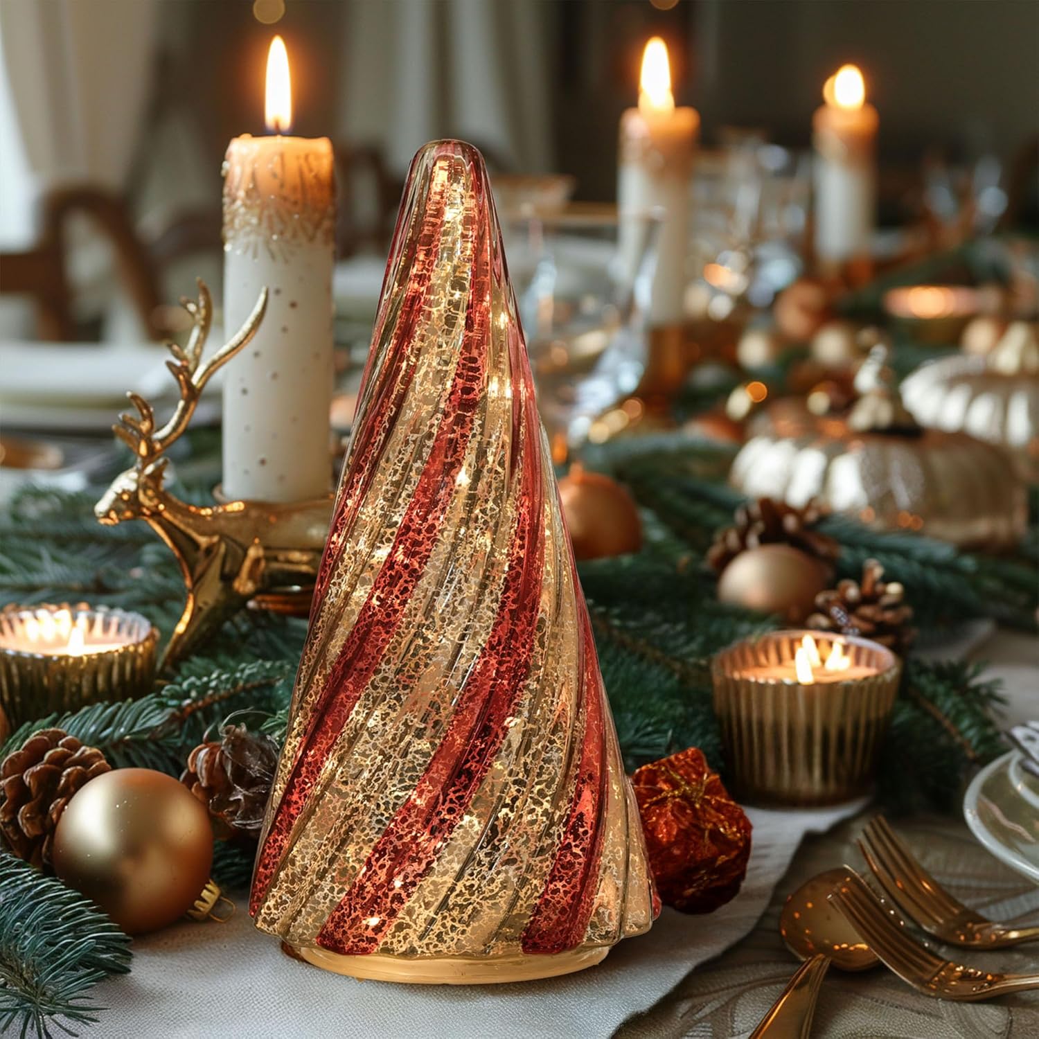 8-Inch Mercury Glass Christmas Tree with Lights, 6-Hour Timer, Battery-Operated Holiday Decoration, Steady-On and Twinkling Light Effects for Festive Atmosphere and Gifting-Red and Gold