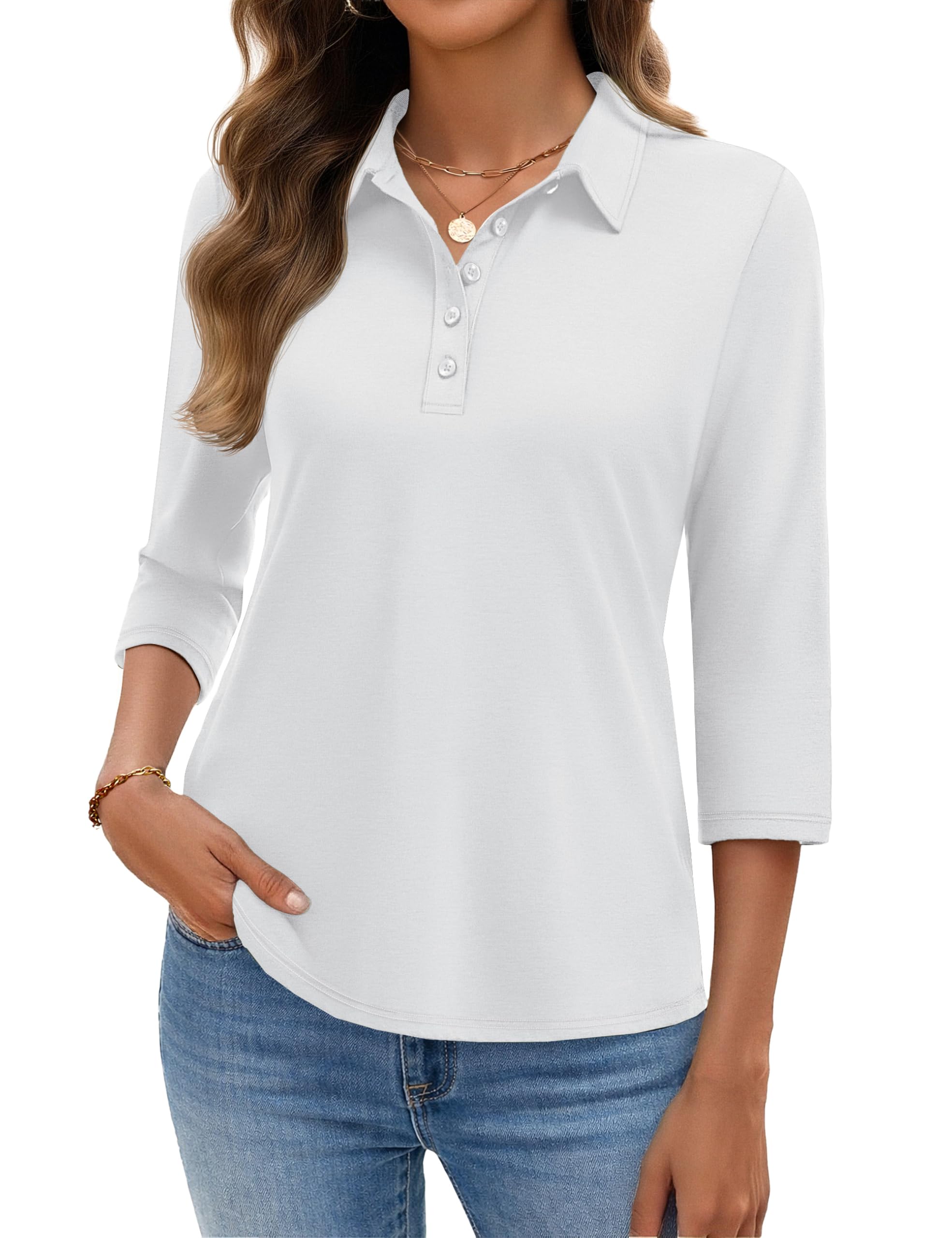 yucolen Polo Shirts for Women 3/4 Sleeve Tops Golf Tees 5-Button Collared Cotton Shirt Business Casual-picture-53