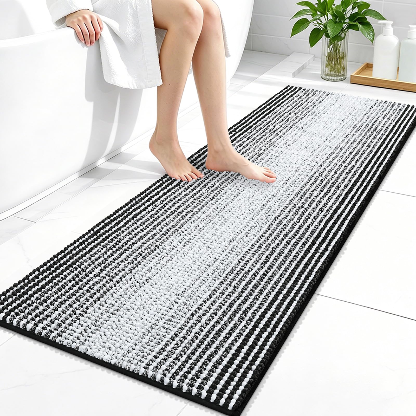 OLANLY Bathroom Runner Rugs 47x20, Soft Chenille Striped Bath Rugs, Black