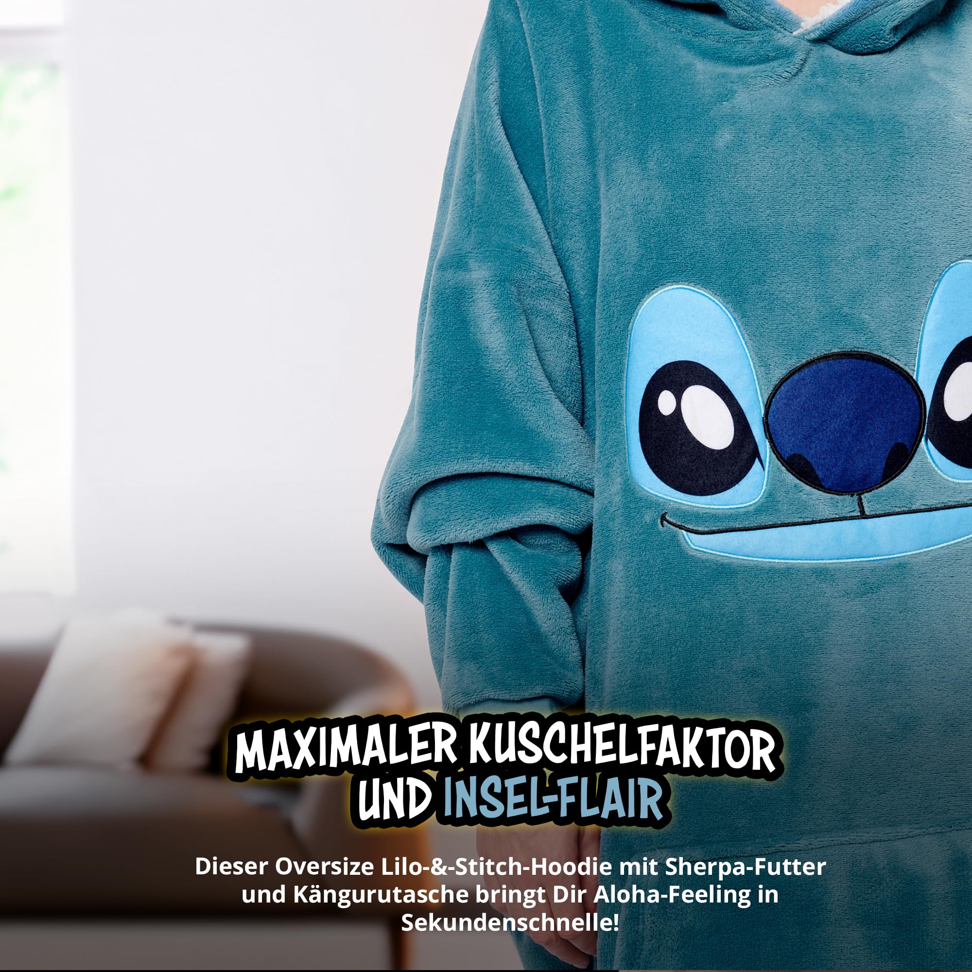United Labels Disney Lilo & Stitch Oversize Hoodie Decke mit Ärmeln und Kapuze für Damen, Blau, Ohana, Kuschelpullover Einheitsgröße, Flauschiger Deckenpullover