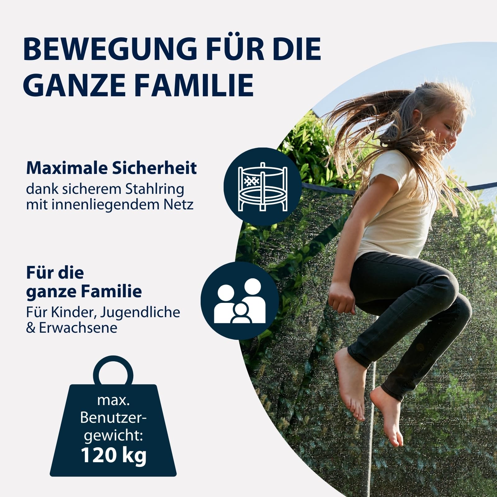 HUDORA Trampolin First in versch. Größen - Trampolin Outdoor mit UV-Stabiler Randabdeckung & Sicherheitsnetz - Gartentrampolin für Kinder & Erwachsene - hochwertiges Kindertrampolin