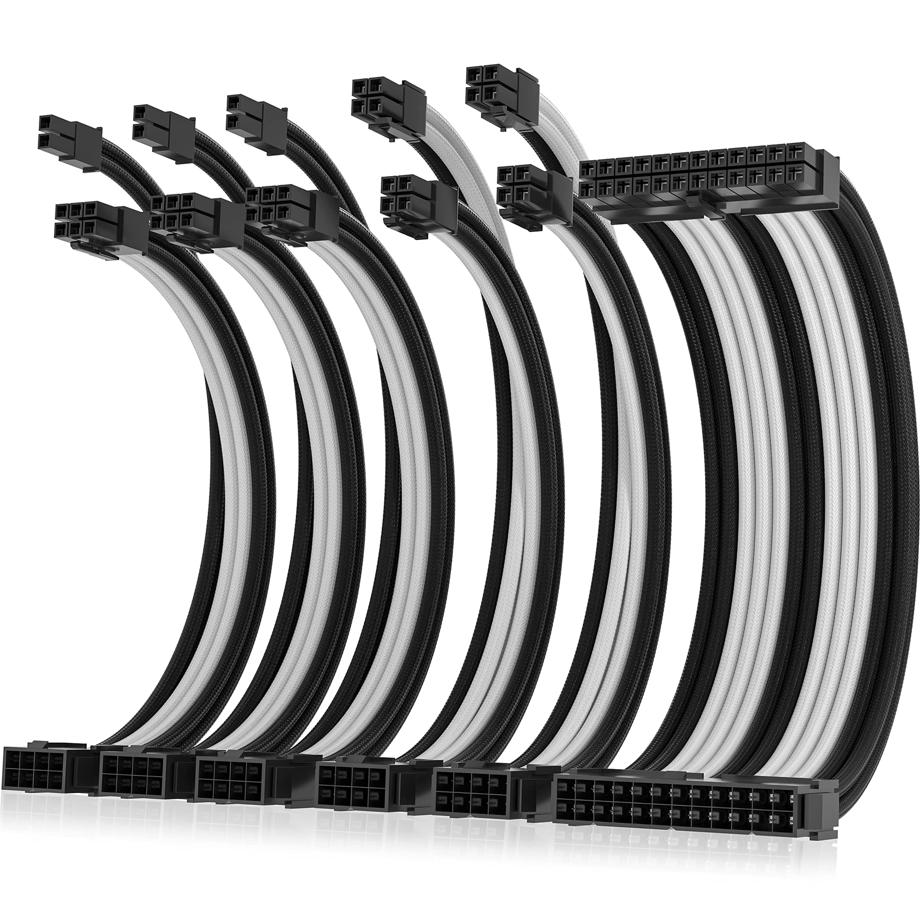 Asiahorse Power Supply Sleeved Cable for Power Supply Extension Cable Wire Kit 1x24-PIN/ 2x8-PIN (4+4) M/B,3x8-PIN (6+2) PCI-E 30cm Length with Combs(Dual EPS Black White)