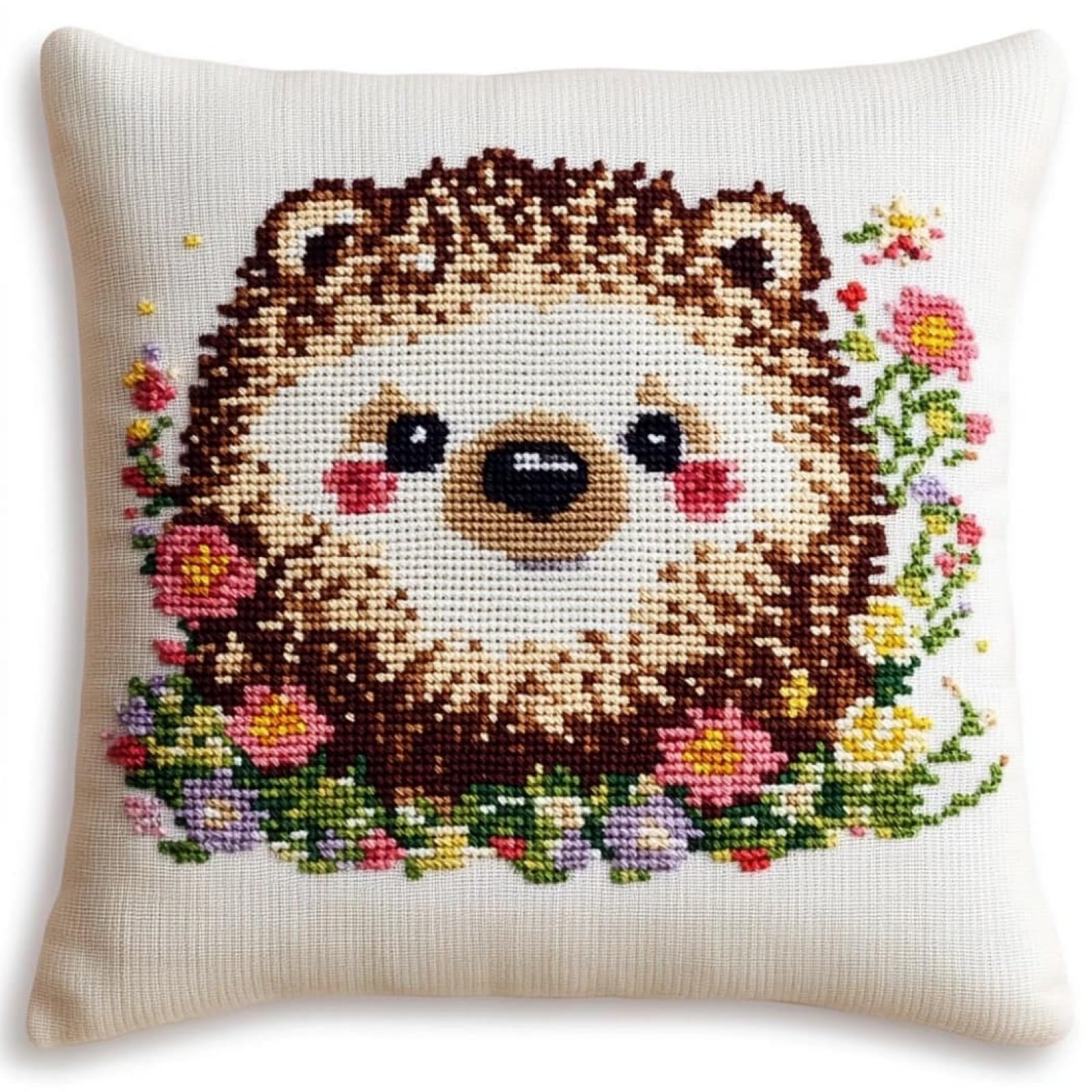 WallustrioaW DIY Printed Cross Stitch Pillow Kits,Hedgehogs and Flowers Embroidery Kit for Adults 11CT Cross Stitch Printed Canvas Needlework Decoration 18x18in