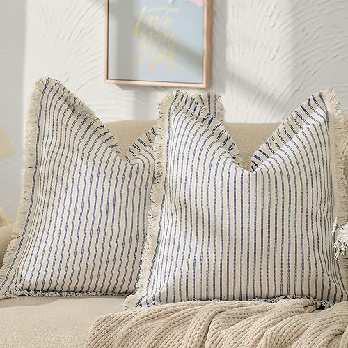 ZWJD Juego de 2 fundas de almohada de 18 x 18 pulgadas, a rayas con flecos, de algodón, decorativas, cuadradas, para sofá, cama, sala de estar,