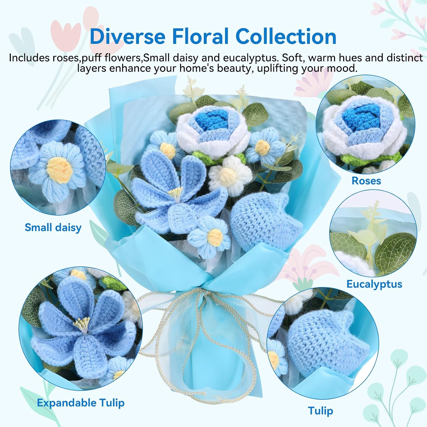 ‌Hand Crochet Romantic Bouquet Everlasting Flowers that Never Wilt Home Décor Birthday Gift Wedding Decoration Valentine's Day Mother's Day Graduation Gift with Included Card (Blue)