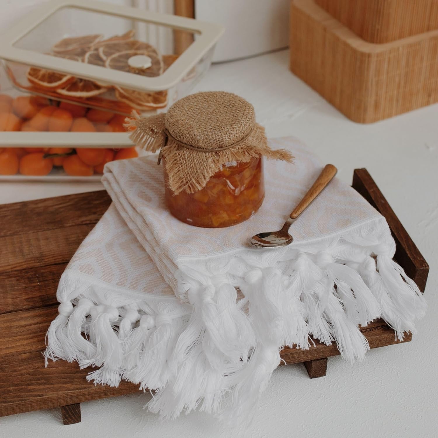 Turkish Cotton Hand Towels Set of 2 – Decorative Kitchen & Bathroom Towels with Woven Front and Terry Backing (Bohemian Rhythm Beige) - Image 3