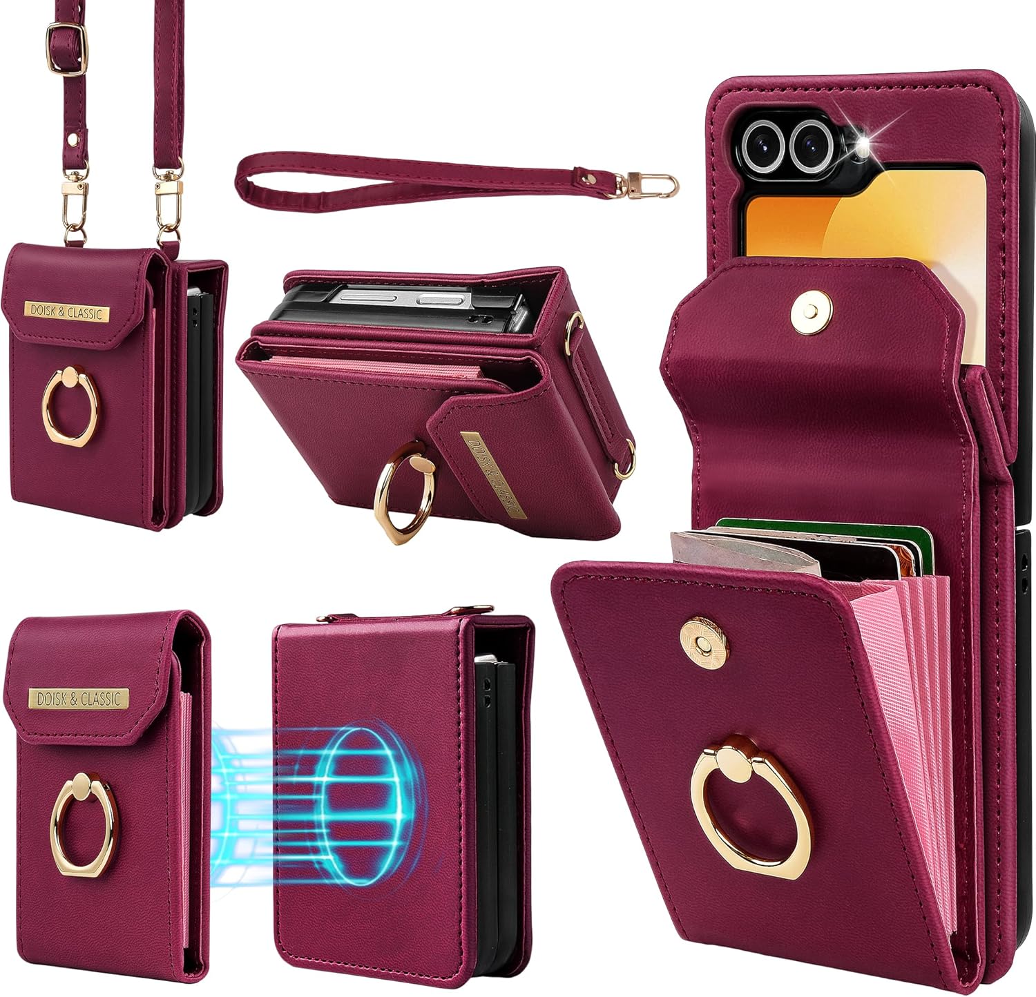 for Samsung Galaxy Z Flip 6 Case, Flip 6 Phone Case with Card Holder and 360° Ring Stand, PU Leather Wallet Case with Crossbody and Wrist Strap, Wine Red