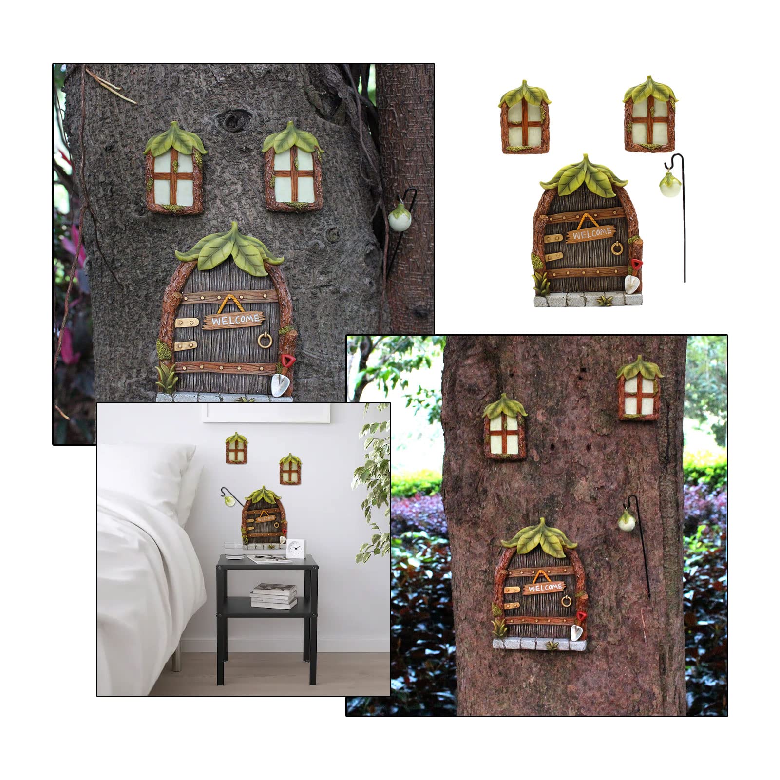 Kit Porta Delle Fate e Finestre per Alberi,Gnomo in Miniatura per la Casa in Ornamentale di Fata Door,Prato Giardino Sculture di Albero Decorazione,Glow in The Dark Yard Outdoor Decor