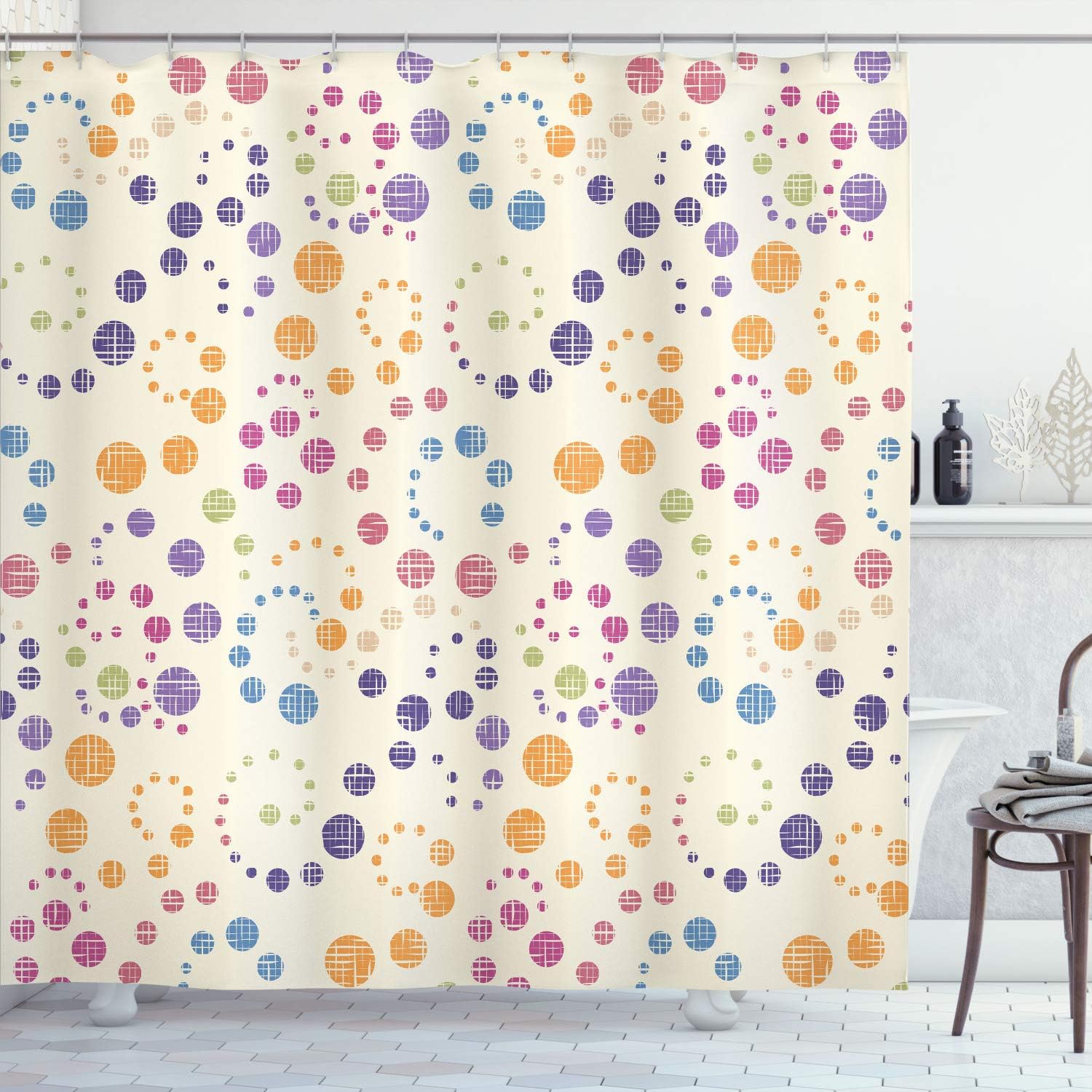 Ambesonne Modern Art Shower Curtain, Grunge Polka Dots Spots Backdrop Motif Retro Nostalgic Aesthetic Image Print, Cloth Fabric Bathroom Decor Set with Hooks, 75" Long, Orange Eggshell