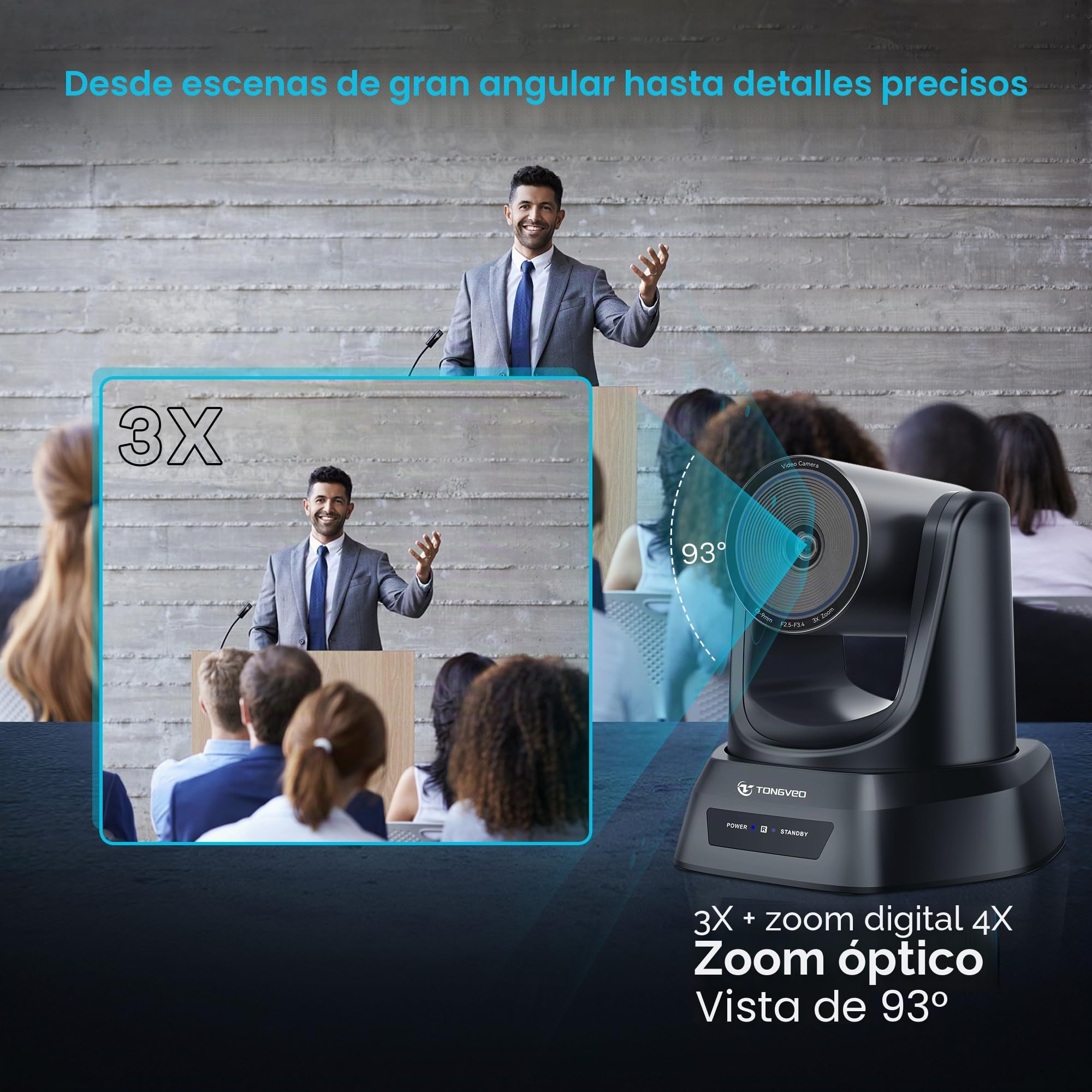 TONGVEO Cámara PTZ Seguimiento IA Zoom Óptico 3X HDMI USB 3.0 1080P 60fps Gran Angular para Videoconferencias Transmisión en Vivo Zoom Youtube Teams OBS y Más