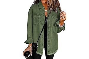 Women's Oversized Button Front Frayed Hem Denim Jean Jacket