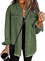 Vetinee Women's Oversized Denim Shacket: Button-Up Frayed Hem Jean Jacket with Pockets, Long Sleeve Loose Fit
