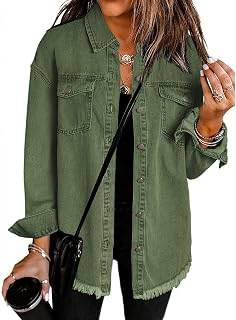 Vetinee Women's Oversized Denim Shacket: Frayed Hem Button-Up Jean Jacket with Pockets, Long Sleeve Loose Fit