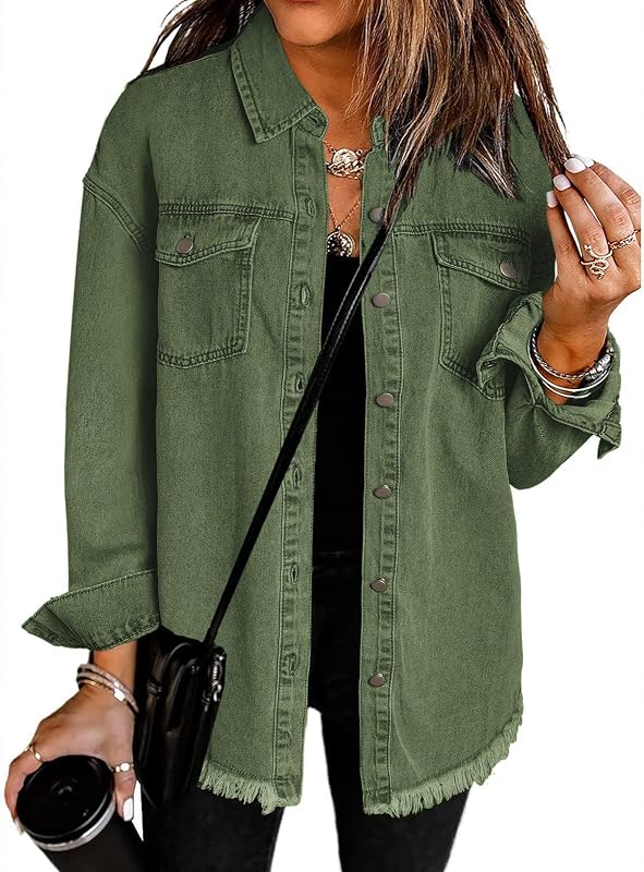 Women's Oversized Button Up Frayed Hem Denim Shacket Jean Jacket