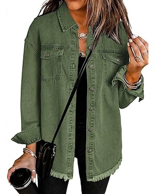 Vetinee Women’s Oversized Button Up Frayed Hem Shacket Long Sleeve Pockets Denim Jean Jacket