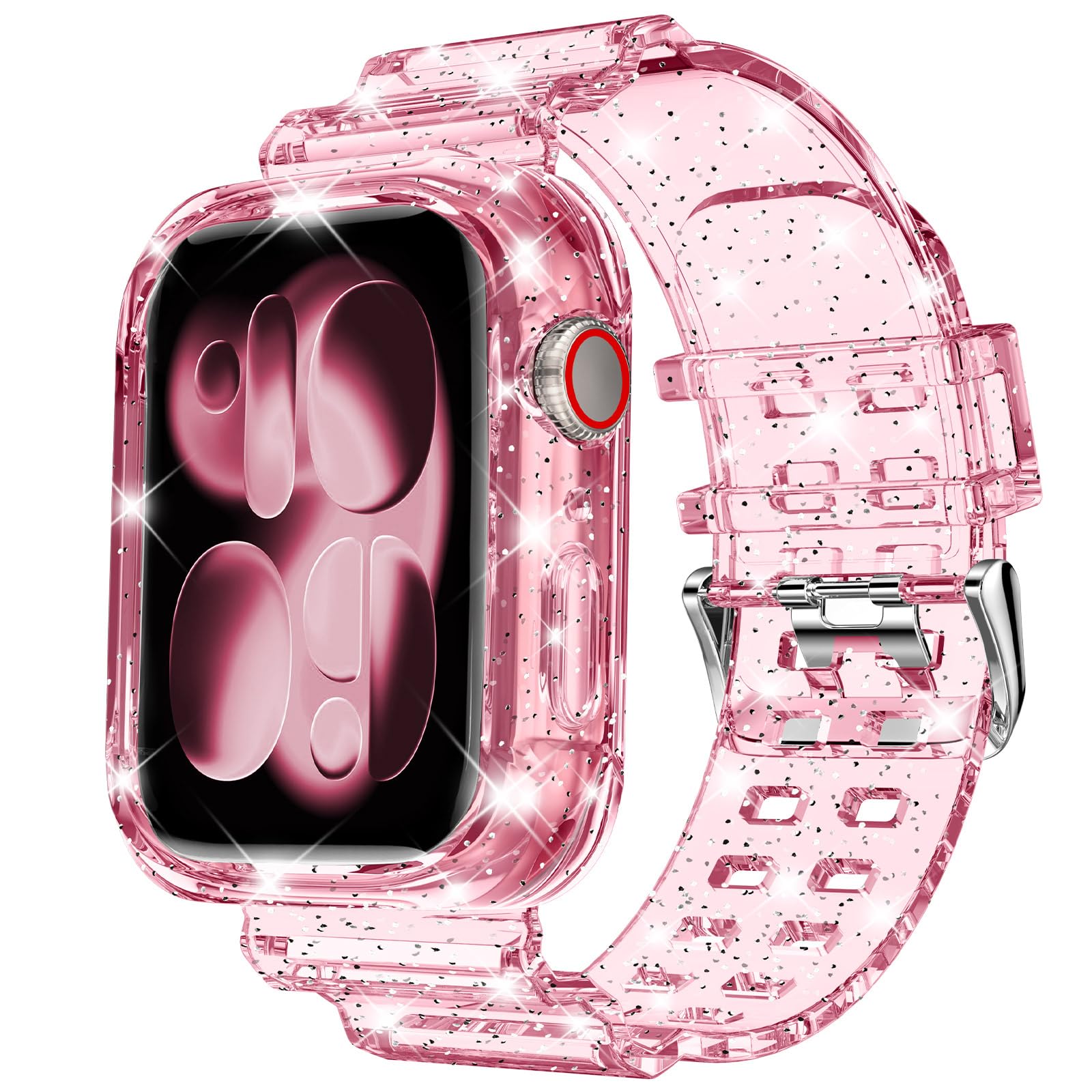 DABAOZA Compatible for Clear Apple Watch Band with Bumper Case 46mm, Women Men Glitter Bling TPU Sport Strap for iWatch SE Ultra 3 2 Series 11 10 9 8 7 6 5 4 3 2 1(GlitterPink,46)