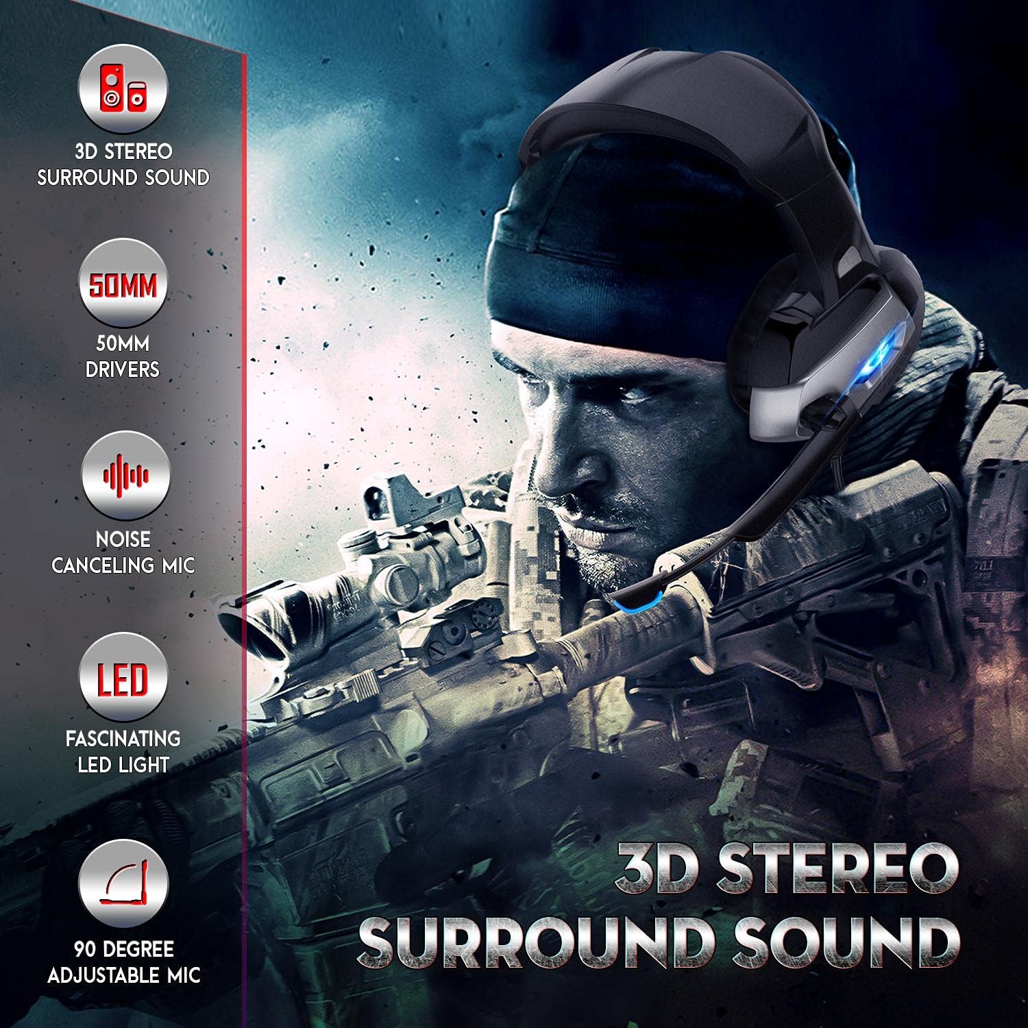 FEIYING Gaming Headset with Microphone, Gaming Headphones Stereo 7.1 Surround Sound PS4 Headset 50mm Drivers, 3.5mm Audio Jack Over Ear Headphones Wired for PC Switch PlayStation Xbox PS5 Laptop