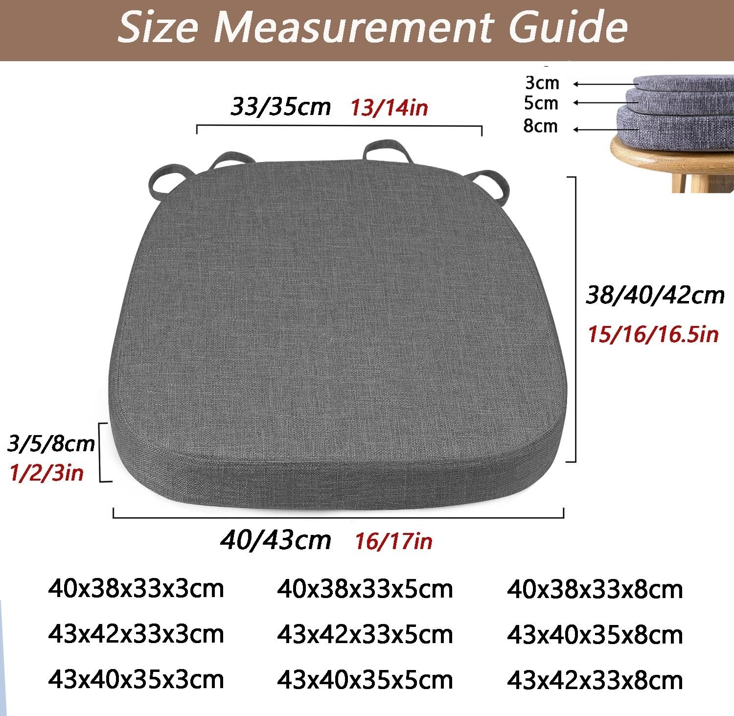 2/4/6er Set Stuhlkissen, 40x38/43x40/43x42cm mit Bändern Rutschfestes bürostuhl Sitzkissen, Indoor/Outdoor Stuhlauflage Waschbar Bezug für Esszimmer, Gartenstuhl, Küche(A2,40x38x5cm(4pcs))