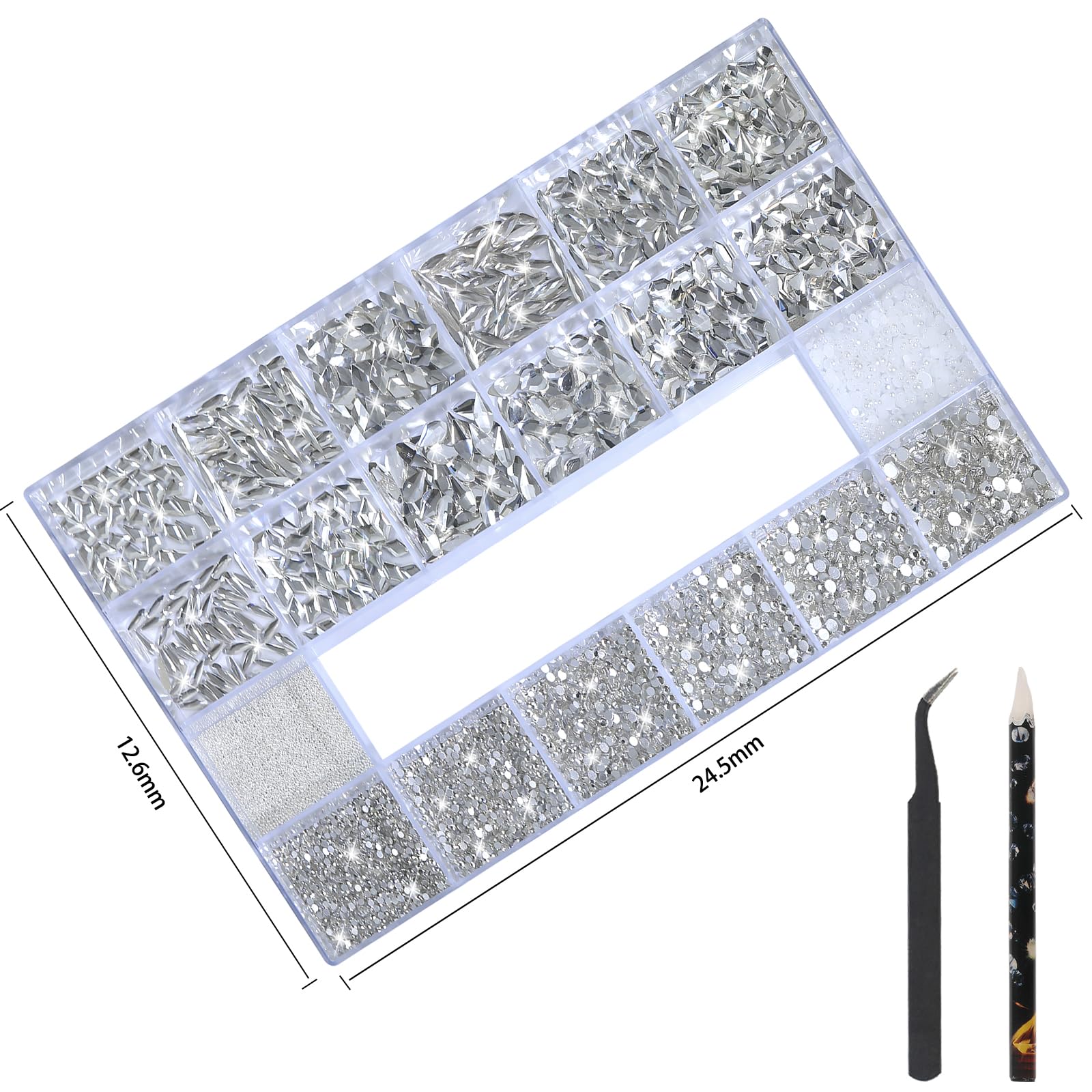 Strass bianchi per unghie, gemme 3D di varie forme, perline per manicure, perle, strass con retro piatto, con kit, per decorazione nail art