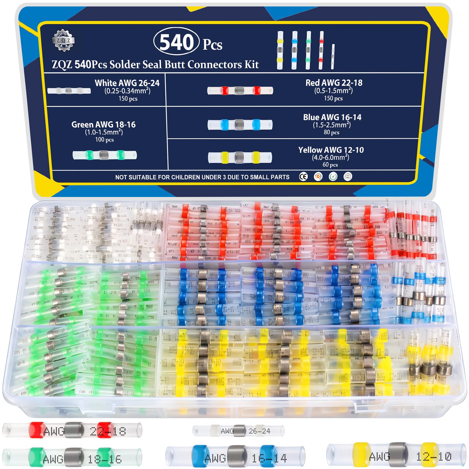 ZQZ Kit di connettori termorestringenti per cavi, 540 pezzi, connettori elettrici per saldatura in 5 colori, terminali di giunzione per cavi elettrici per autoveicoli