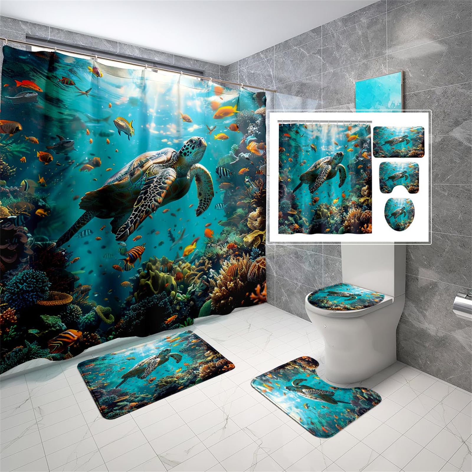 Kossmjx 4Pcs Sea Turtle Bathroom Set - Ocean Turtle Bathroom Shower Curtain Sets with 12 Hooks, 70" x 70"