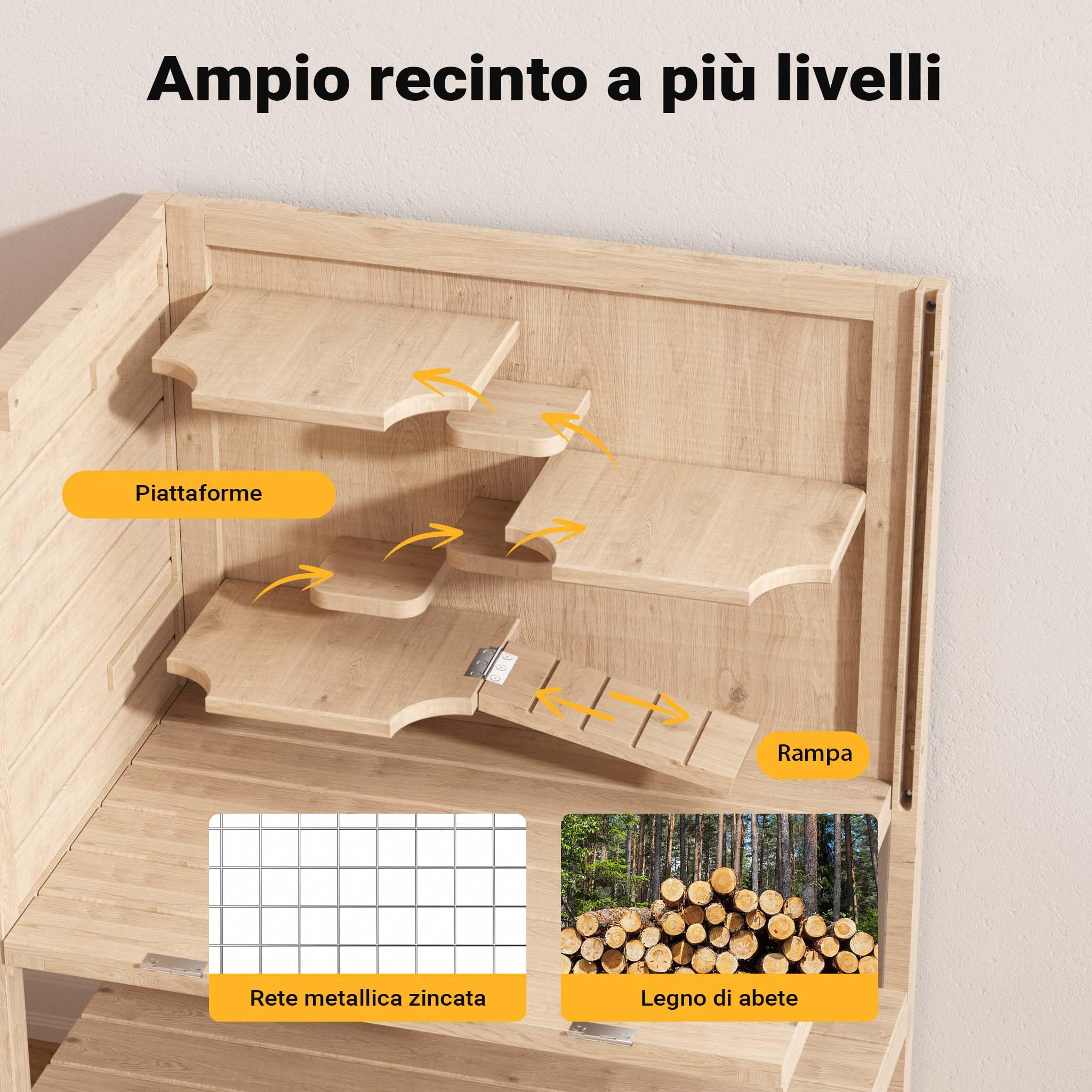 Gabbia per roditori piccoli animali a 3 livelli in legno e plexiglas con tetto apribile