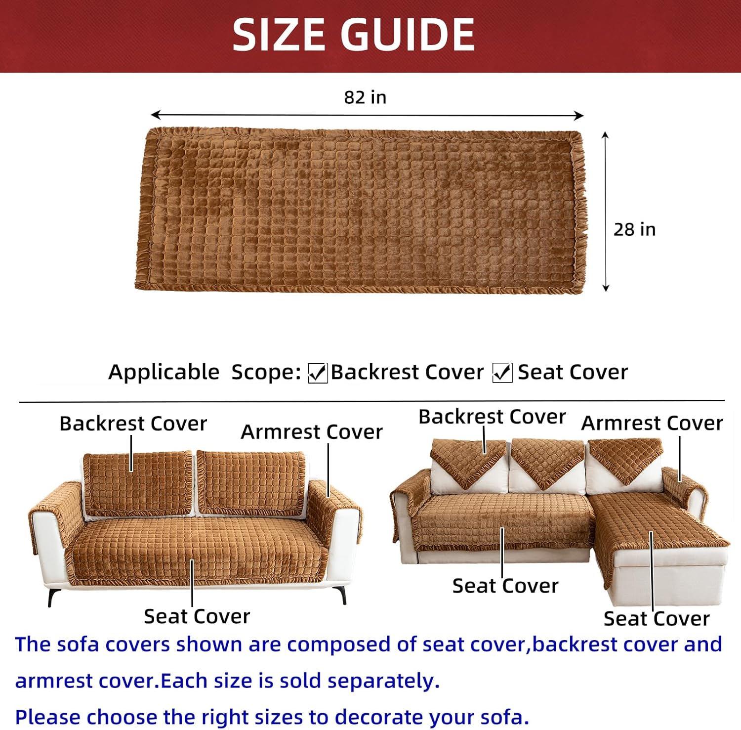 Couch Cover Sectional Couch Covers Non Slip Sofa Covers Washable for 3 Cushion Couch L Shaped Couch Protector Sofa Slipcovers for Kids Dogs Pets,Velvet,Coffee,28''x82''(Only 1 Piece)