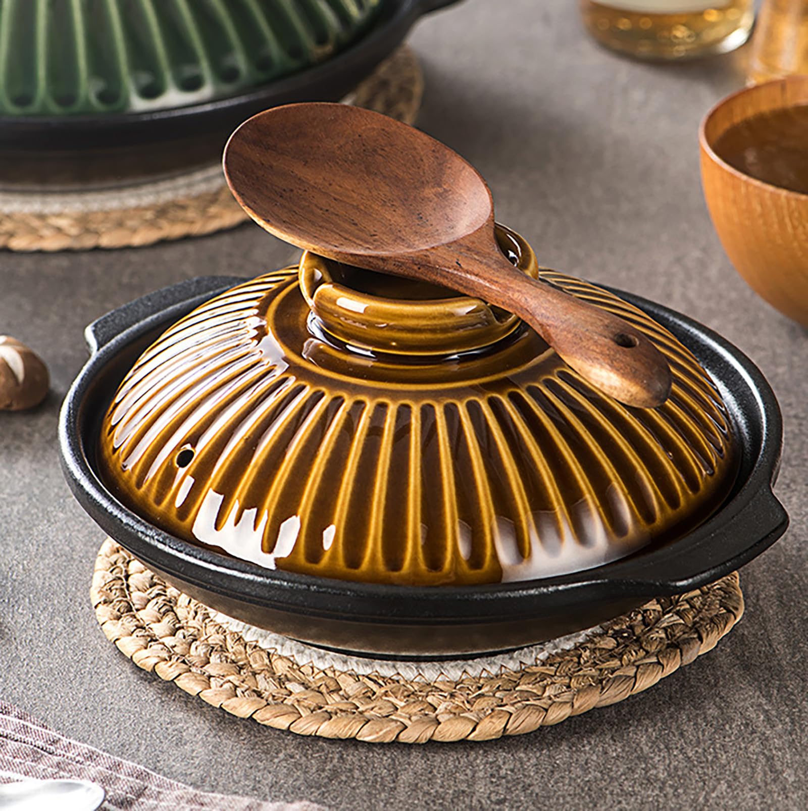 Japanischer Donabe-Keramik-Hot Pot Im Retro-Stil, Hitzebeständig, Flacher Holländischer Ofen For Kochen Und Servieren Von Dolsot, Bibimbap-Suppe, Reis-Eintopf, Auflauf, Nudeln(Copper,11.8 inches)