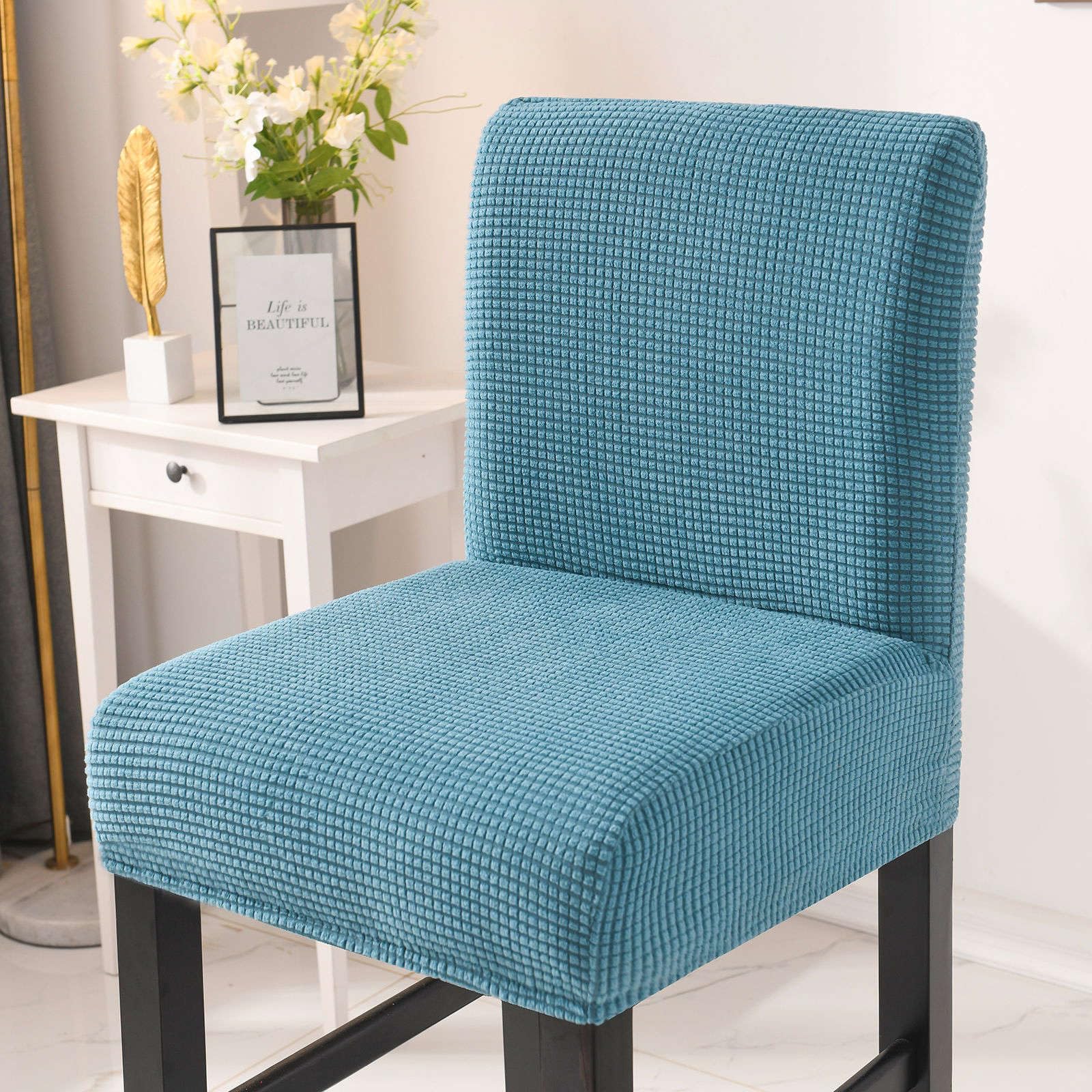 Set di 2 coprisedili elasticizzati per sgabello da bar, in tessuto jacquard, lavabili in lavatrice, per soggiorno, colore: blu