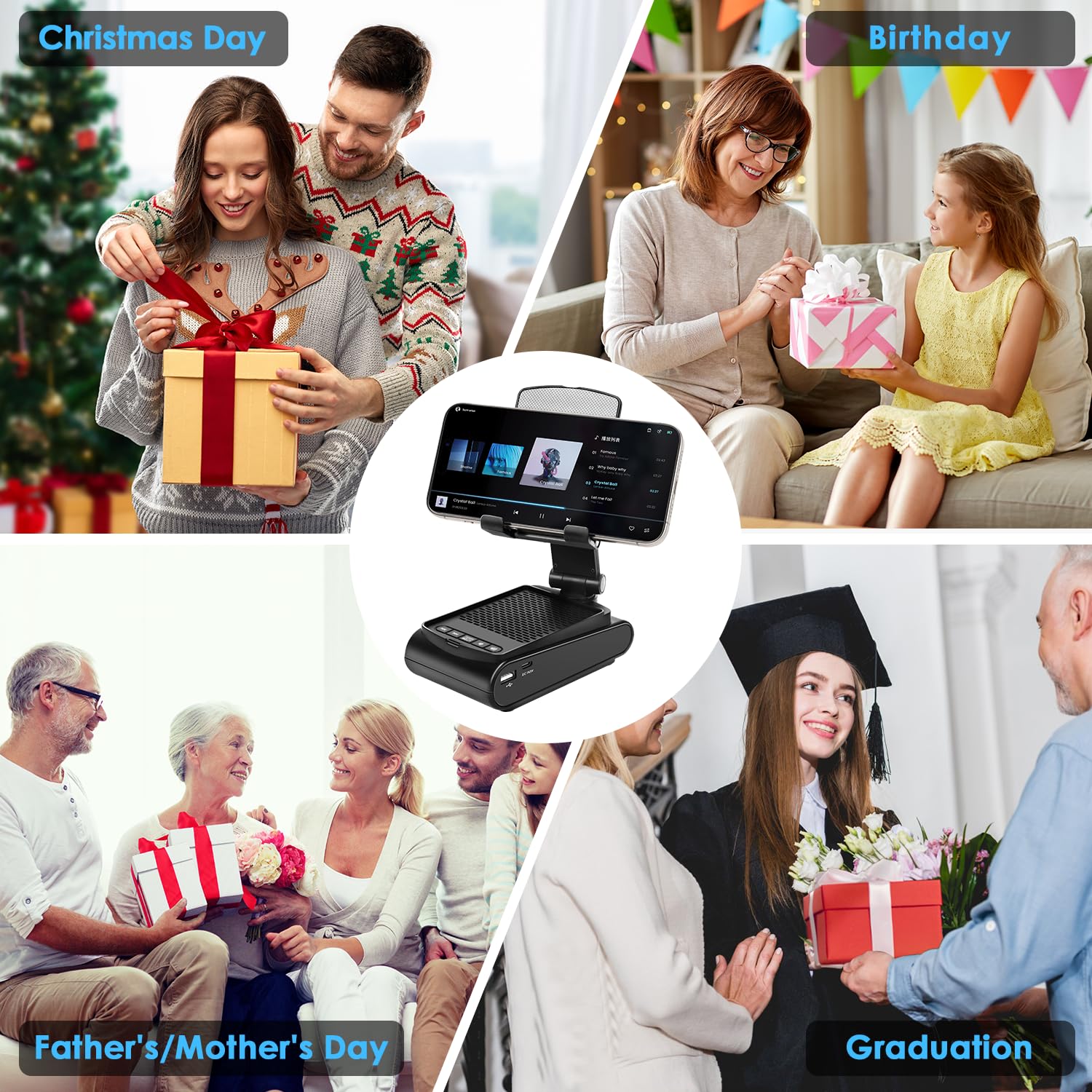 Soporte ajustable multiángulo para teléfono móvil con altavoz Bluetooth integrado, adecuado para uso doméstico y exterior, fácil de llevar, con base antideslizante, un regalo de cumpleaños