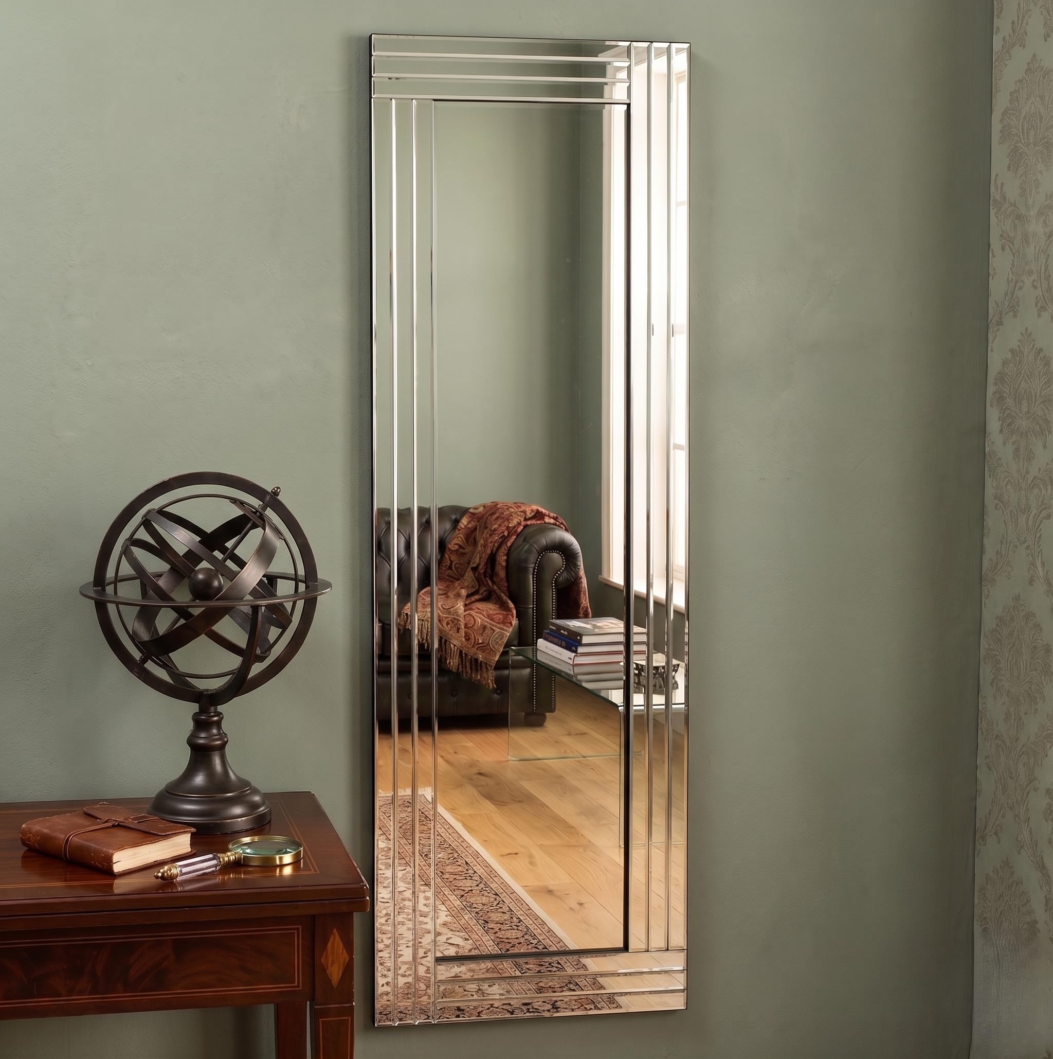 Deenz Silver Full Length Wall Mirror Bevelled Triple Strips Mdf Back Modern Glass Wall Mirror Home Decor Bedroom Living Room (40X120cm)