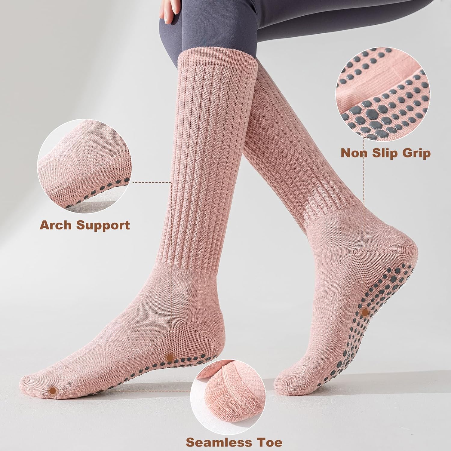 BISOUSOX Pilates Slouch Scrunch Grip Socks, Yoga Slipper Warm Cozy Ankle Crew Grippy Long Barre Socks Women Hospital - Image 4