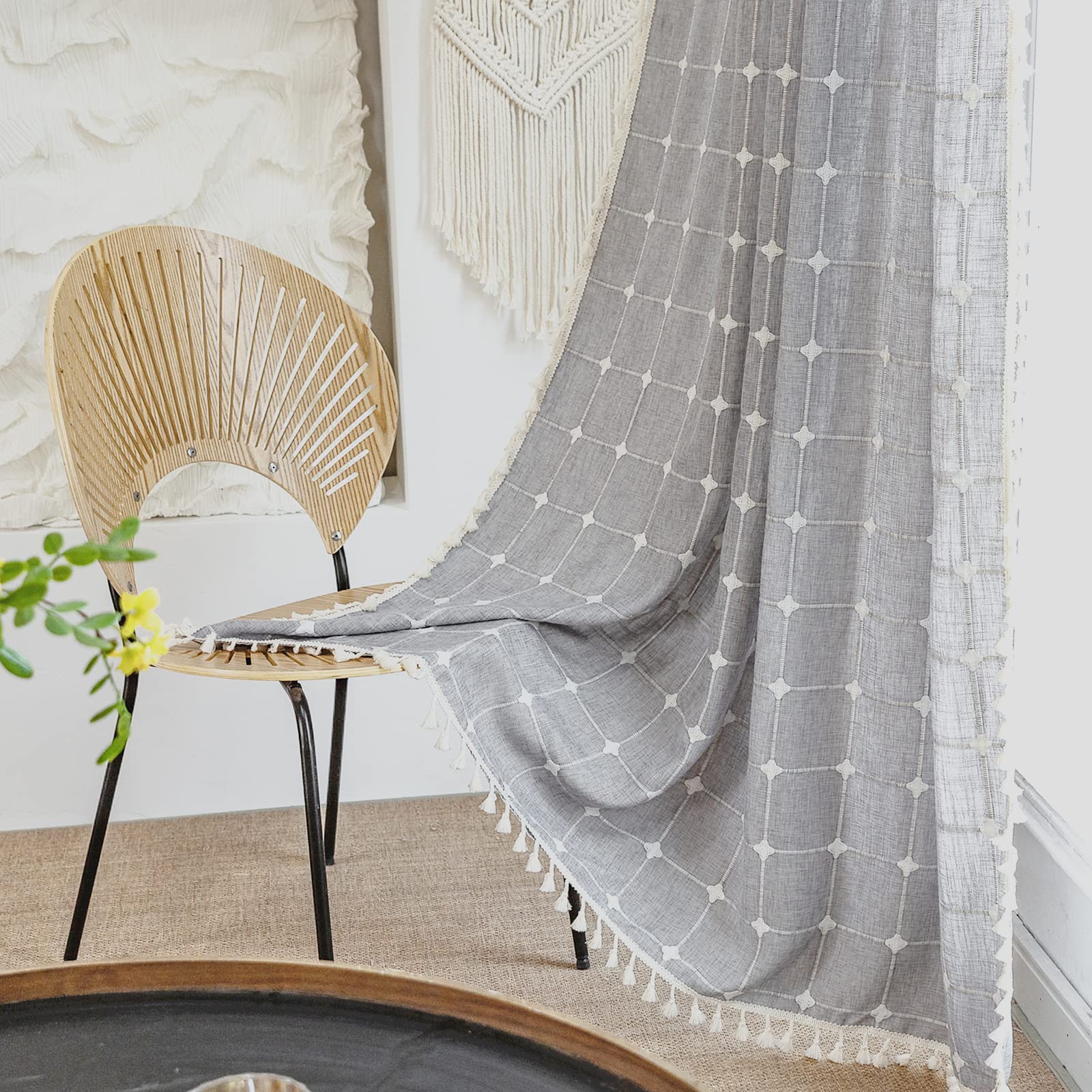 Deeprove Boho Curtains 84 Inches Long for Bedroom Kitchen, Cotton Linen Gray Plaids Embroidered Semi Blackout Bohemian Farmhouse Window Treatment