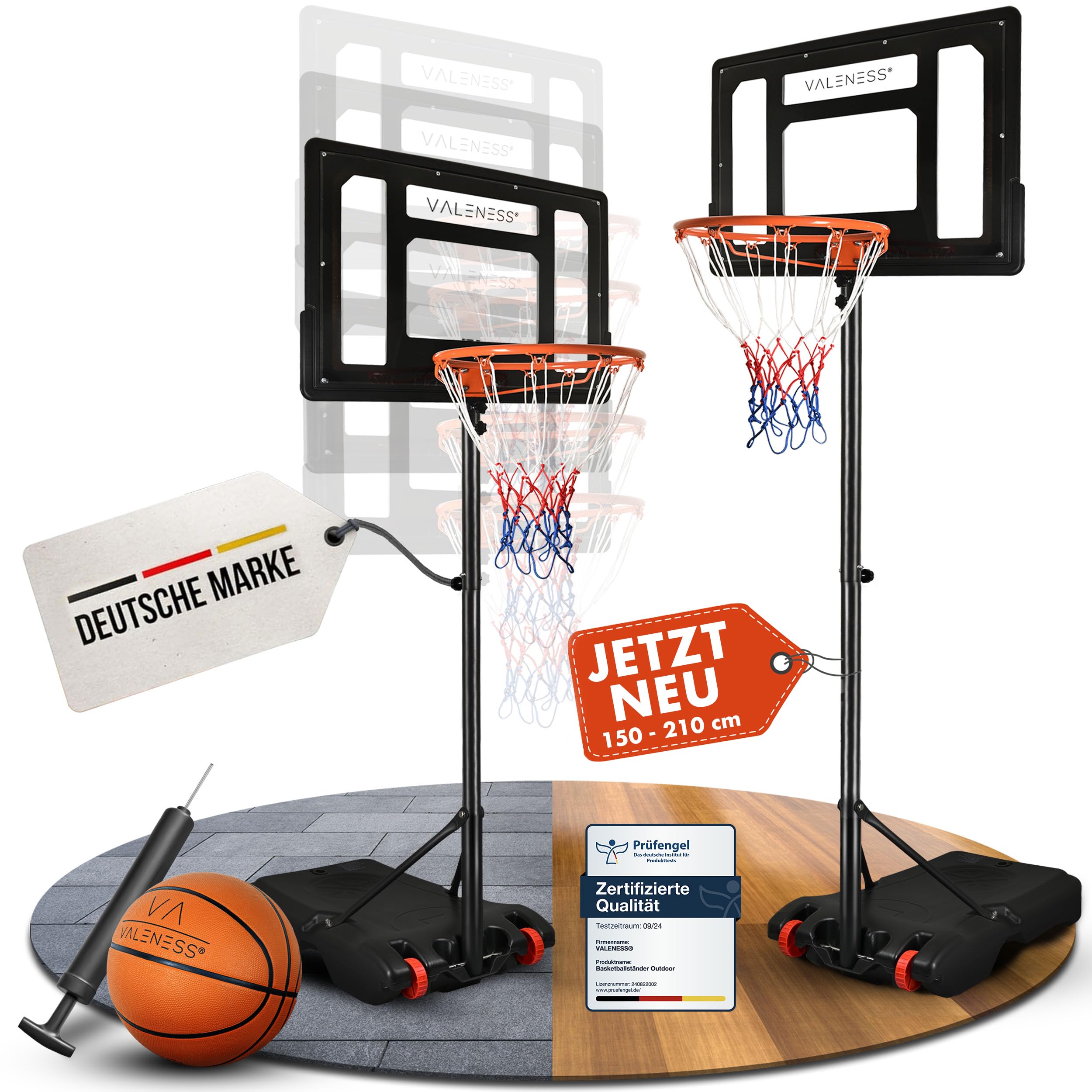 VALENESS® Basketballkorb Outdoor - [135 bis 305 cm] Höhenverstellbarer und Wetterfester Ständer - Profi Korb Mit Basketball und Pumpe für Kinder und Erwachsene
