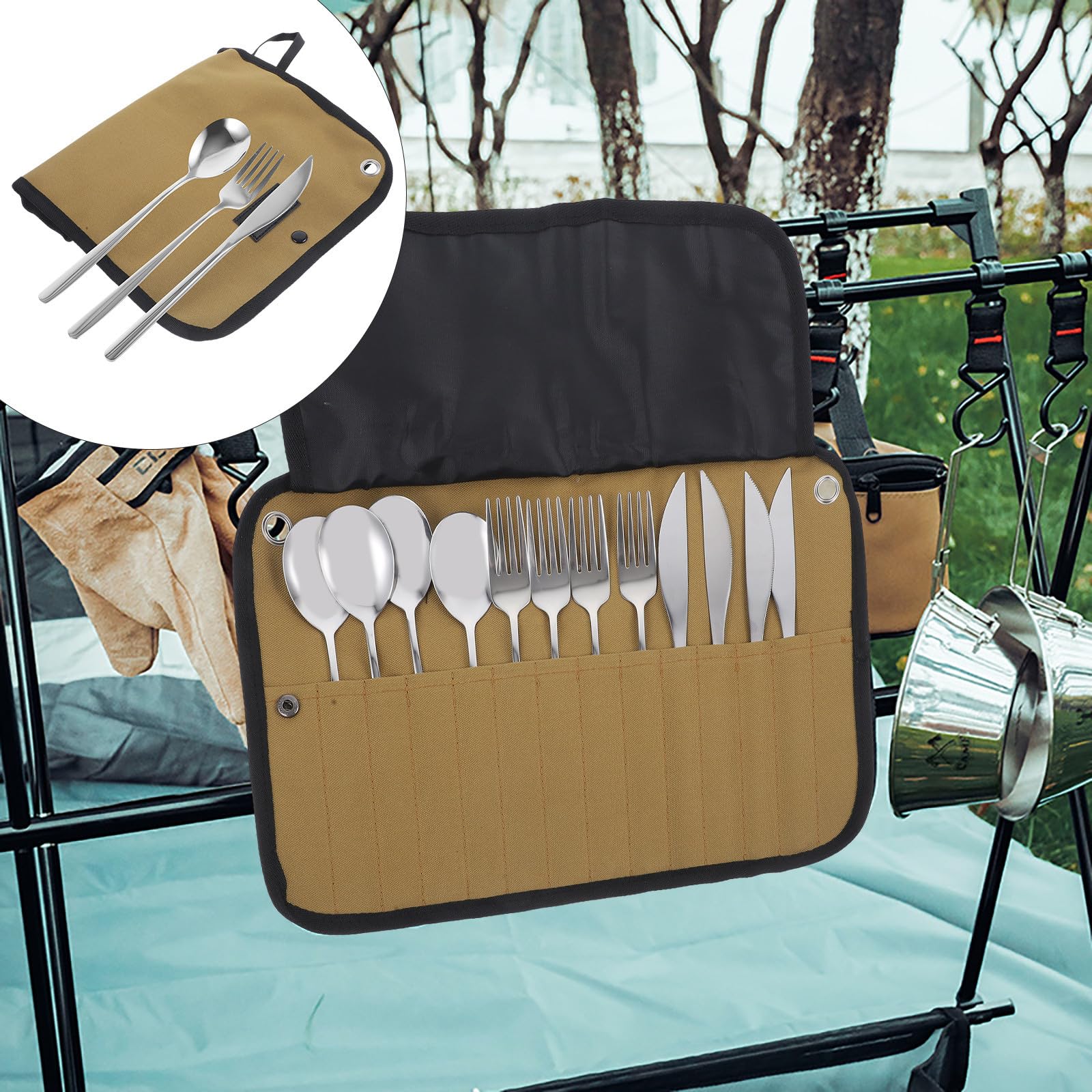 Set Posate da Campeggio in Acciaio Inox Borsa Arrotolabile | Argento, Design Compatto e Leggero, Facile Pulire e Portare per Bbq e Campeggio