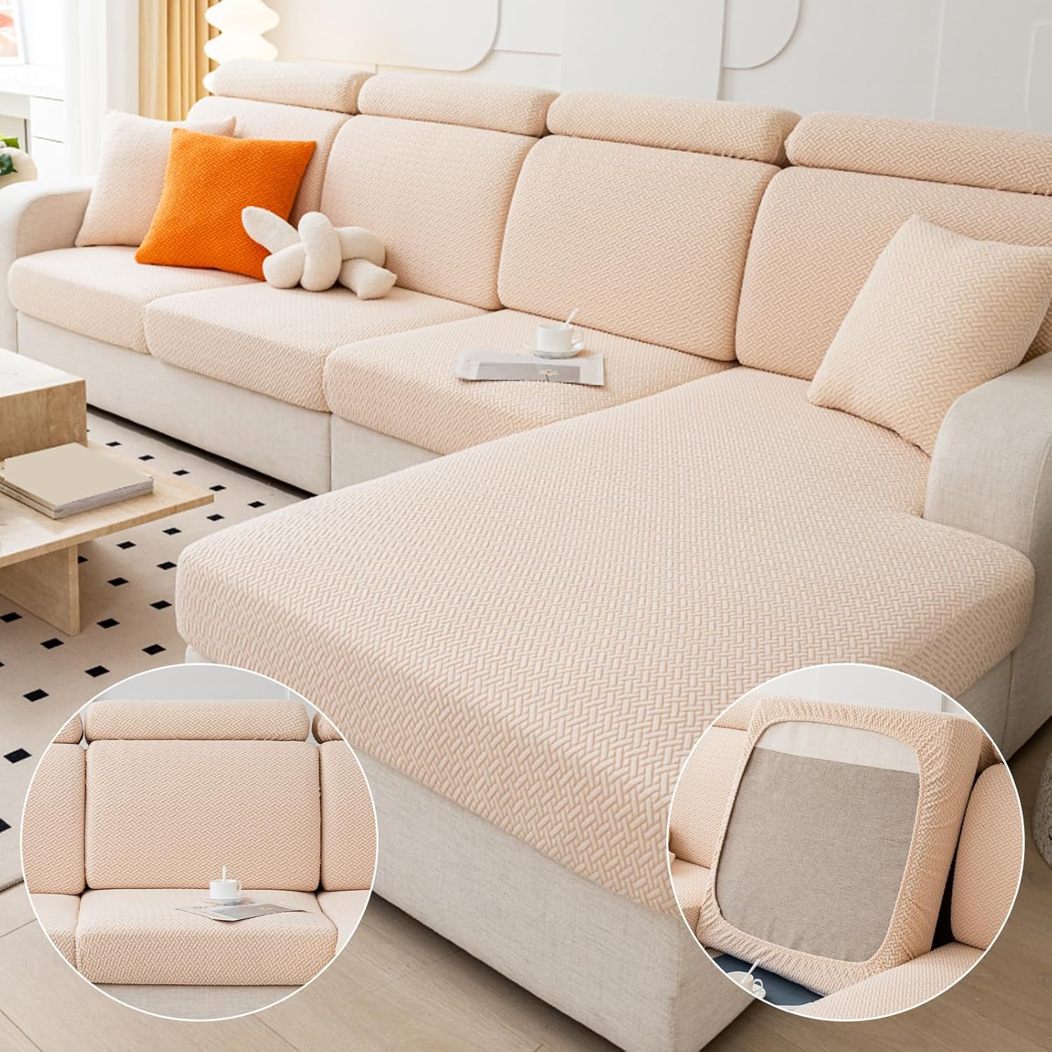 Magic Sofa Covers,Jacquard Couch Cushion Covers, 2024 New Wear-Resistant Universal Sofa Cover, Stretch for Sectional Slipcovers (Beige, Chaise Cover)