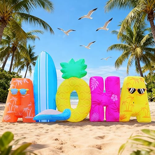 6FT Tiki Luau Inflatables, Aloha, Blow up Party Beach Decor Hawaiian Party Giant Yard Decoration, Outdoor Built-in LED Lights Lawn Holiday Summer