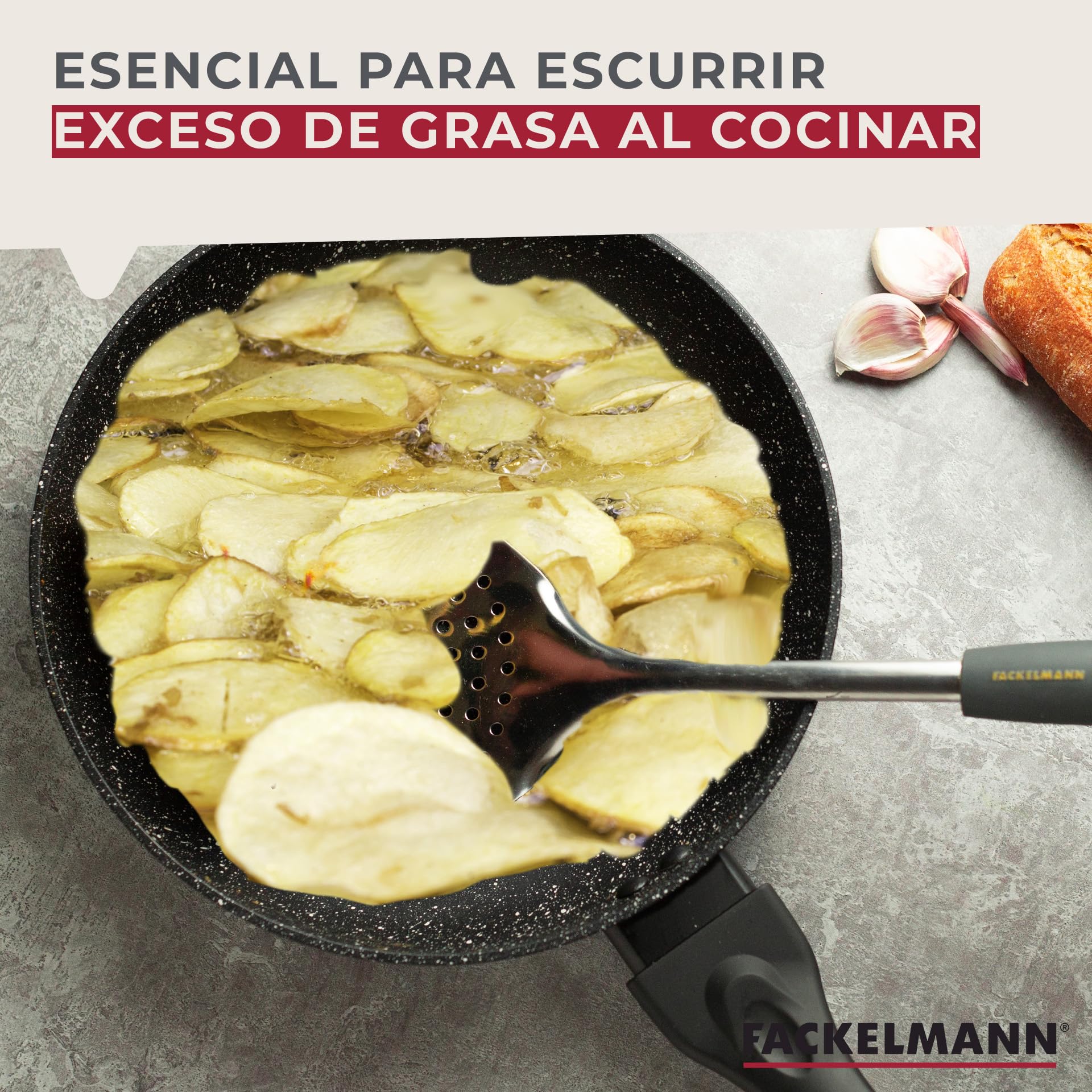 FACKELMANN Espumadera 34cm. Soft, polipropileno, TPR, acero inox, color inox, naranja y gris. 1 ud.