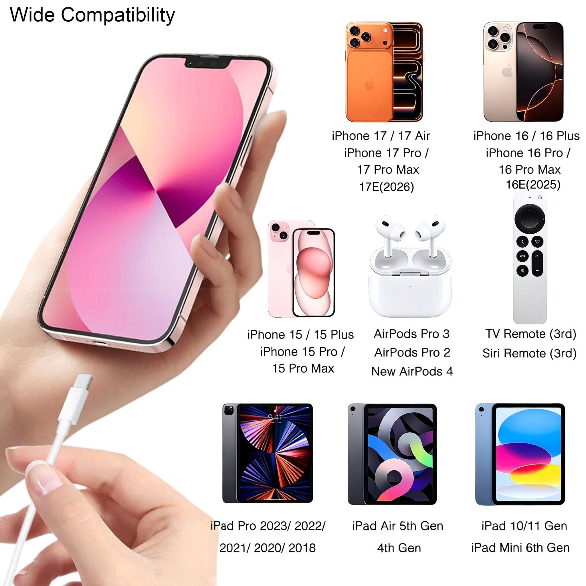 IPhone 17/16/15 Carplay Cable, USB A to USB C Charging Cable for iPhone 17Air/ iPhone 16 Pro Max/ 17e/16e/16 Plus, iPhone 15 Pro Max, AirPods Pro(2nd/3rd Gen), AirPods 4, Type-C Car Charger power Cord — view 3