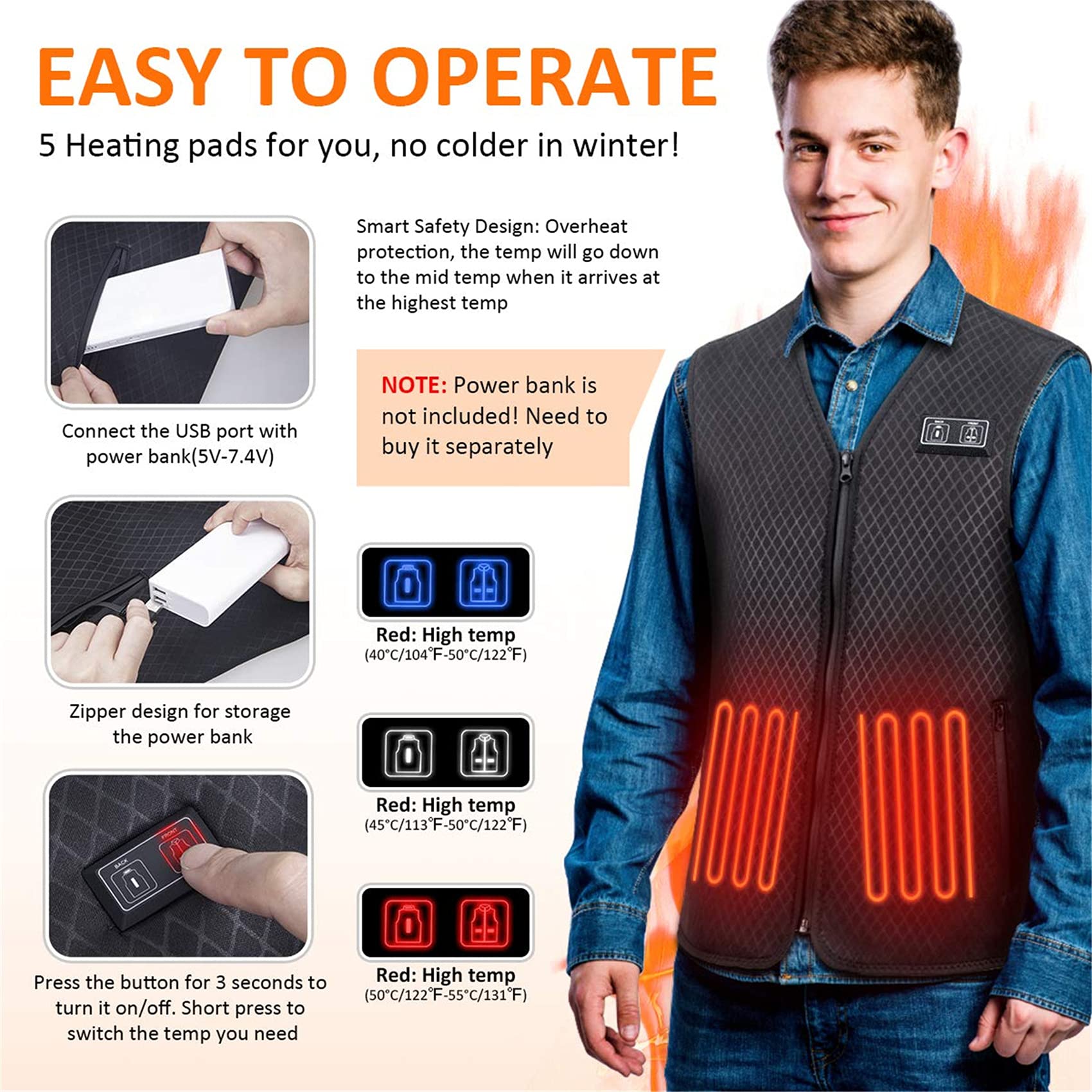 Gilet Termico, Giacca Invernale riscaldante elettrica for Esterni Gilet Elettrico autoriscaldante Protezioni Calde e Calde for la Vita Abbigliamento Termico(XXL)