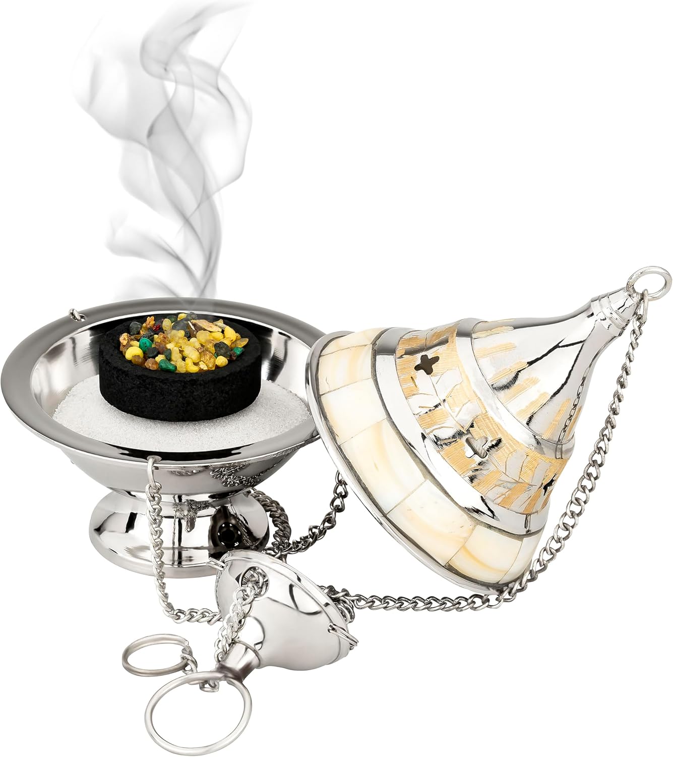 Silver Brass Censer with Chain and Mother-of-Pearl Inlays – Handmade Incense Burner [4.7 x 3.5 inch] for Charcoal & Resin – Handmade in India – MaMeMi