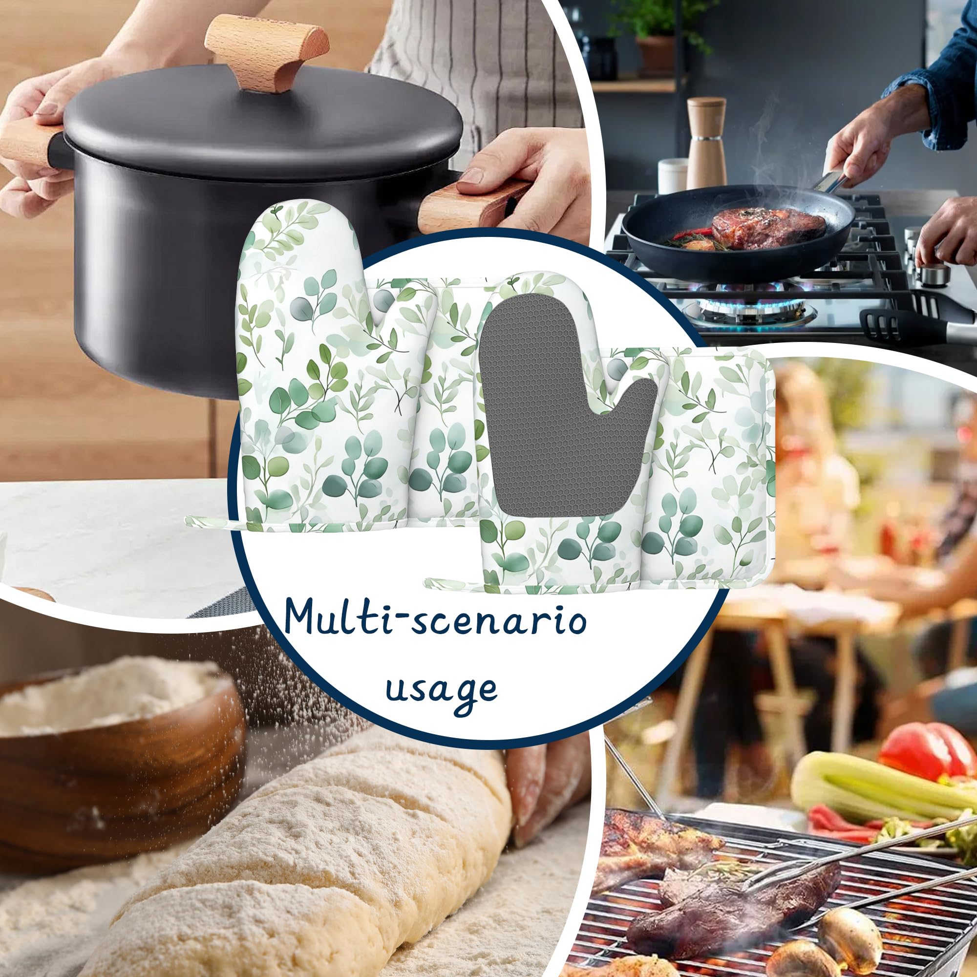 Juego de manoplas de horno y soportes para ollas, de hojas verdes de acuarela extralargas para cocinar, de algodón grueso, resistente al calor, utensilios de cocina para hornear, cocinar a la parrilla