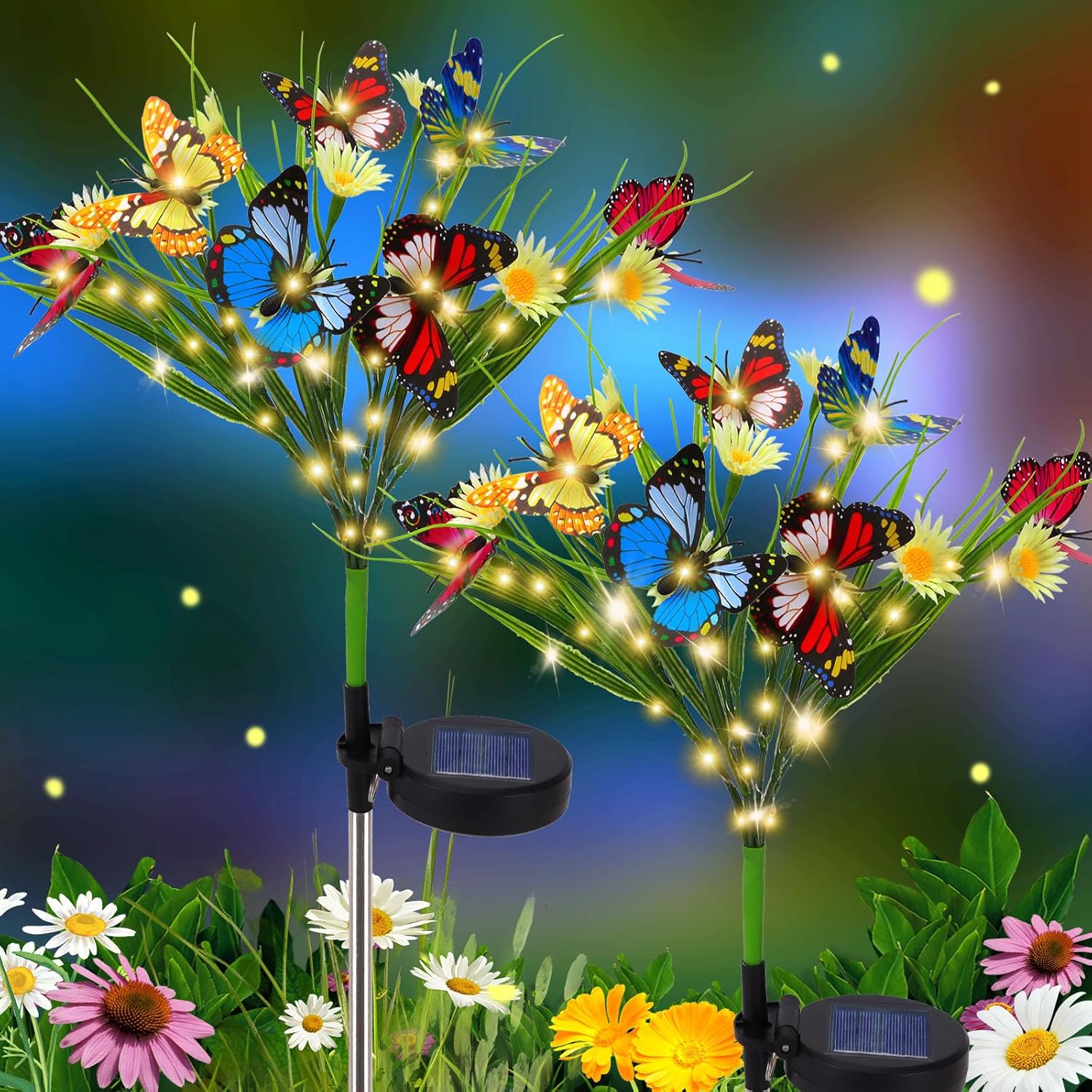 AVEKI Solar Garden Lights, 2 Pack 84LED 14 Butterfly 28 Daisy Flower Solar Powered Lights IP65 Waterproof Stake Lights Outdoor Landscape Lights for Yard Patio Lawn Gift for Women (White-1)