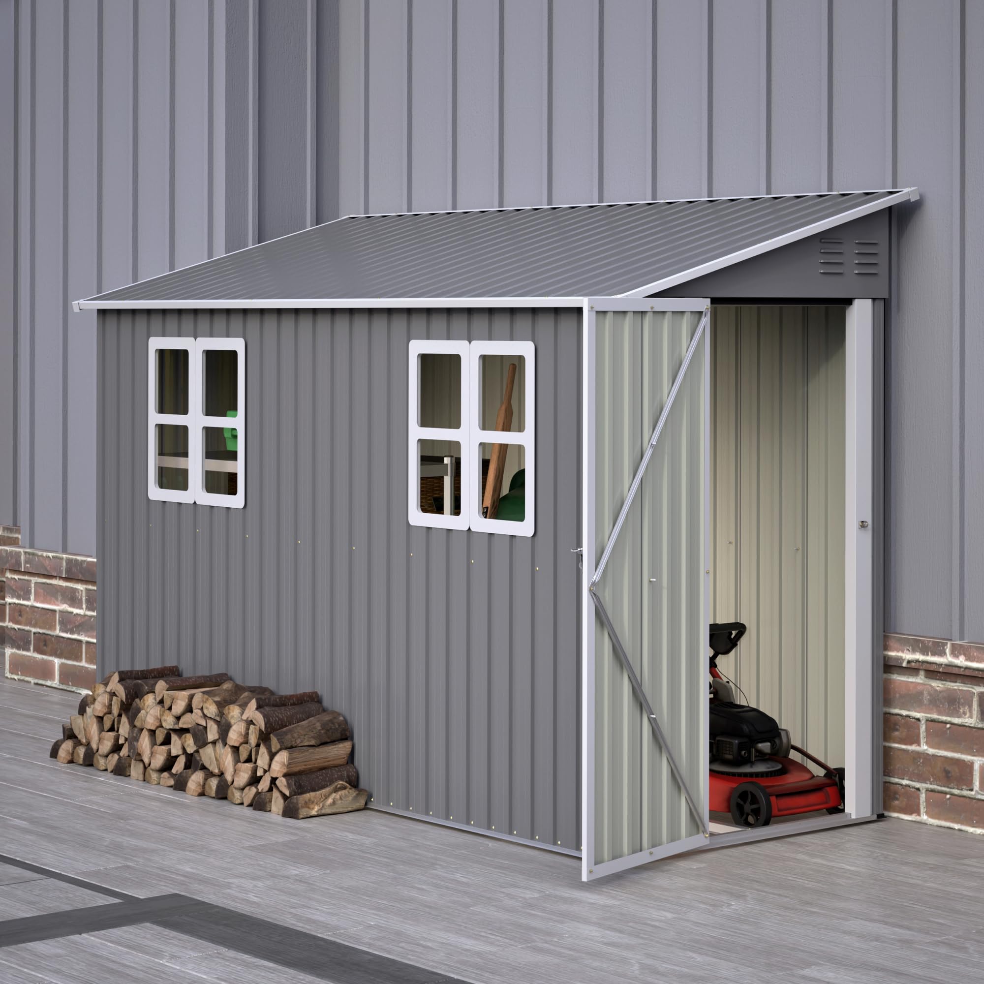 YOPTO 4x10 FT Lean to Outdoor Storage Shed with Floor Kit,Metal Shed W/Left/Right Optional Lockable Door &amp; 2 Windows,Garden Tool Storage House W/Air Vents &amp; Sloping Roof,for Backyard,Patio,Gray