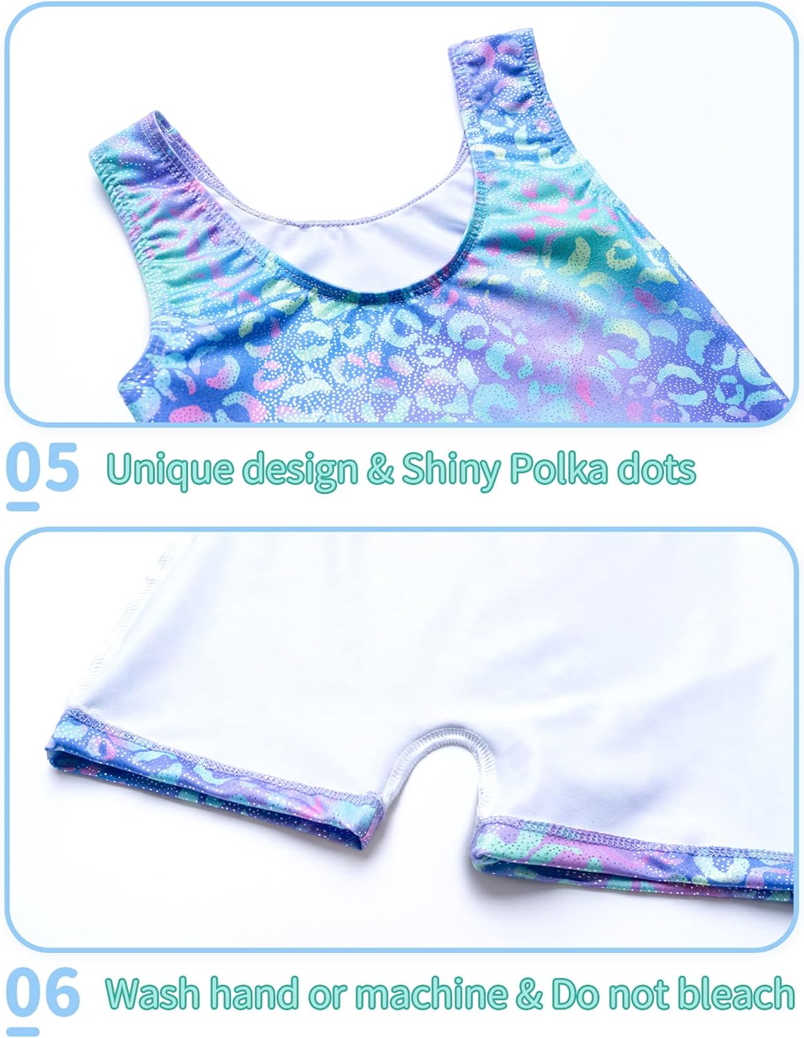 Nymphperi Gymnastics Leotards for Girls 2 Pack Size 1t 2t Green Purple Leopard Biketards Sleeveless Shiny Unitards with Blue Outfits - Image 4