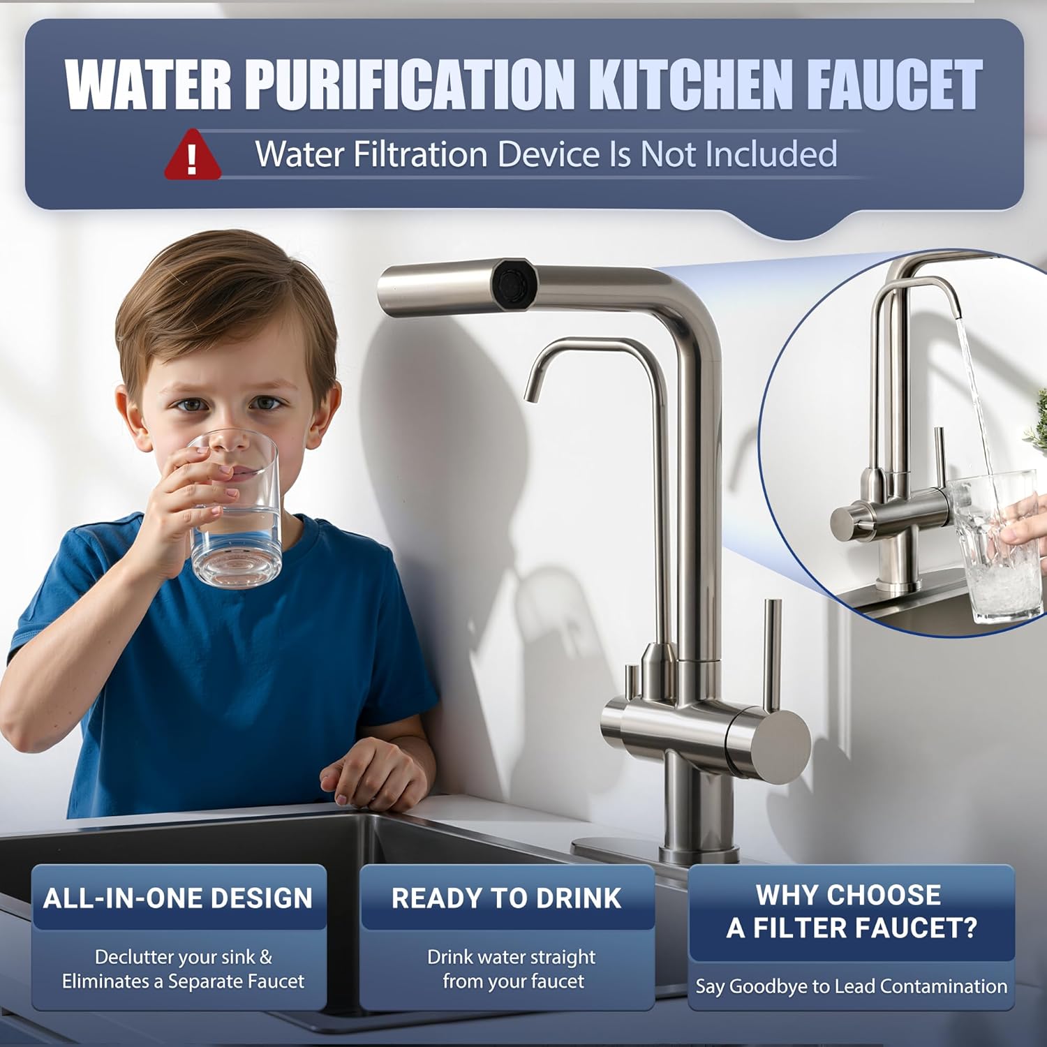 Waterfall Kitchen Faucet with Water Filter,Upgraded Separate Drinking Water 2 Handle Kitchen Faucet with Pull Down Sprayer, Brushed Nickel 3 in 1 Sink Faucets, Without Water Filtration Device