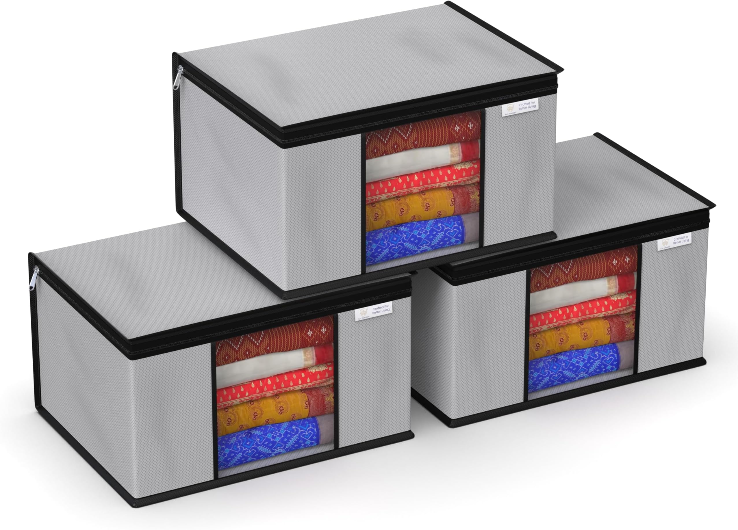 MY ARMOR Non-Woven Saree Cover Wardrobe Organizer with Zip for Storage, Moisture & Dust Proof Packing Bag for Wedding, 40 x 35 x 22 CM (Grey, Pack of 3)